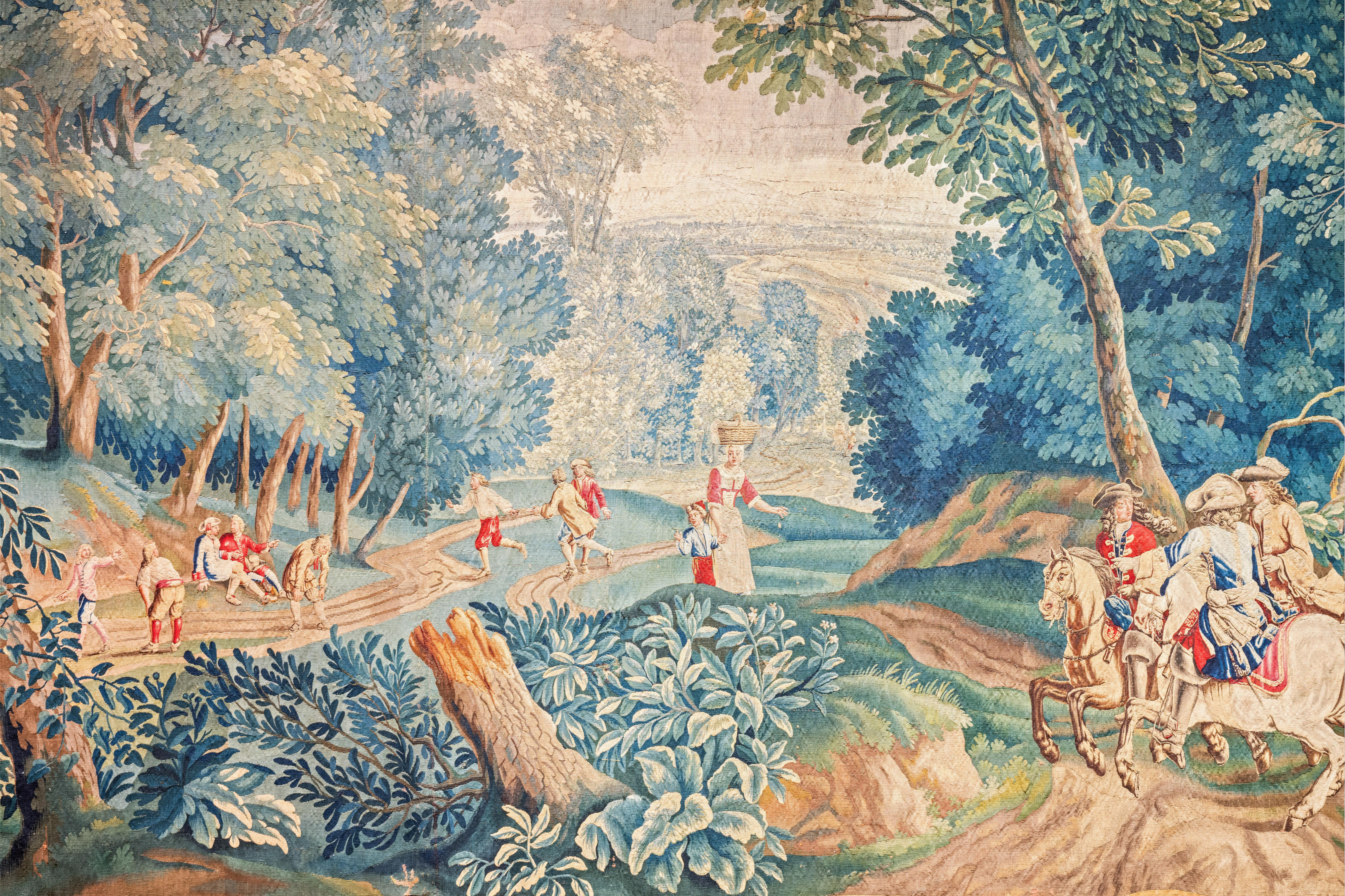 17th Century Fine Flemish Tapestry, Silk & Wool, Green, Blue, Red, Battle Scene For Sale 8