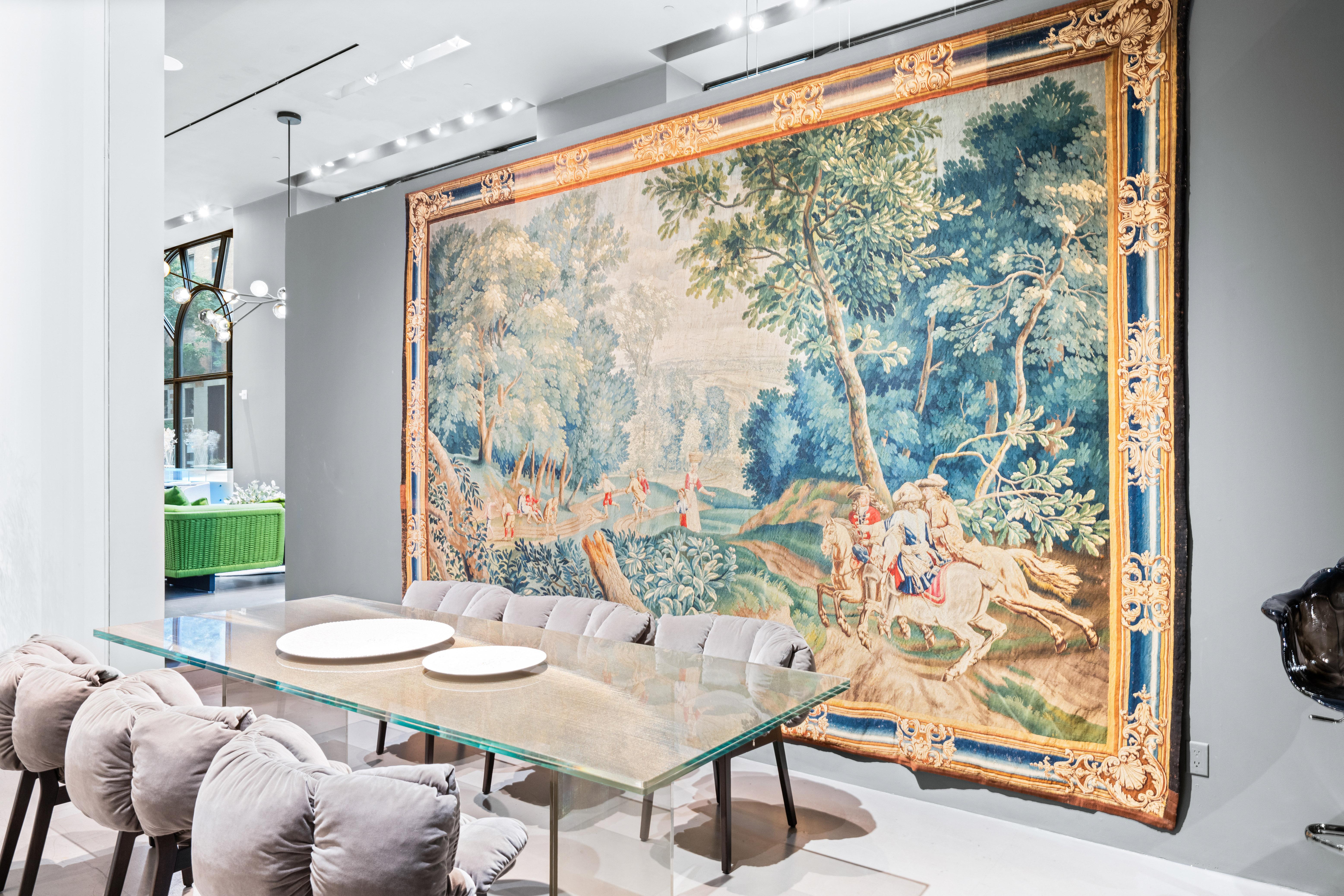 17th Century Fine Flemish Tapestry, Silk & Wool, Green, Blue, Red, Battle Scene For Sale 9