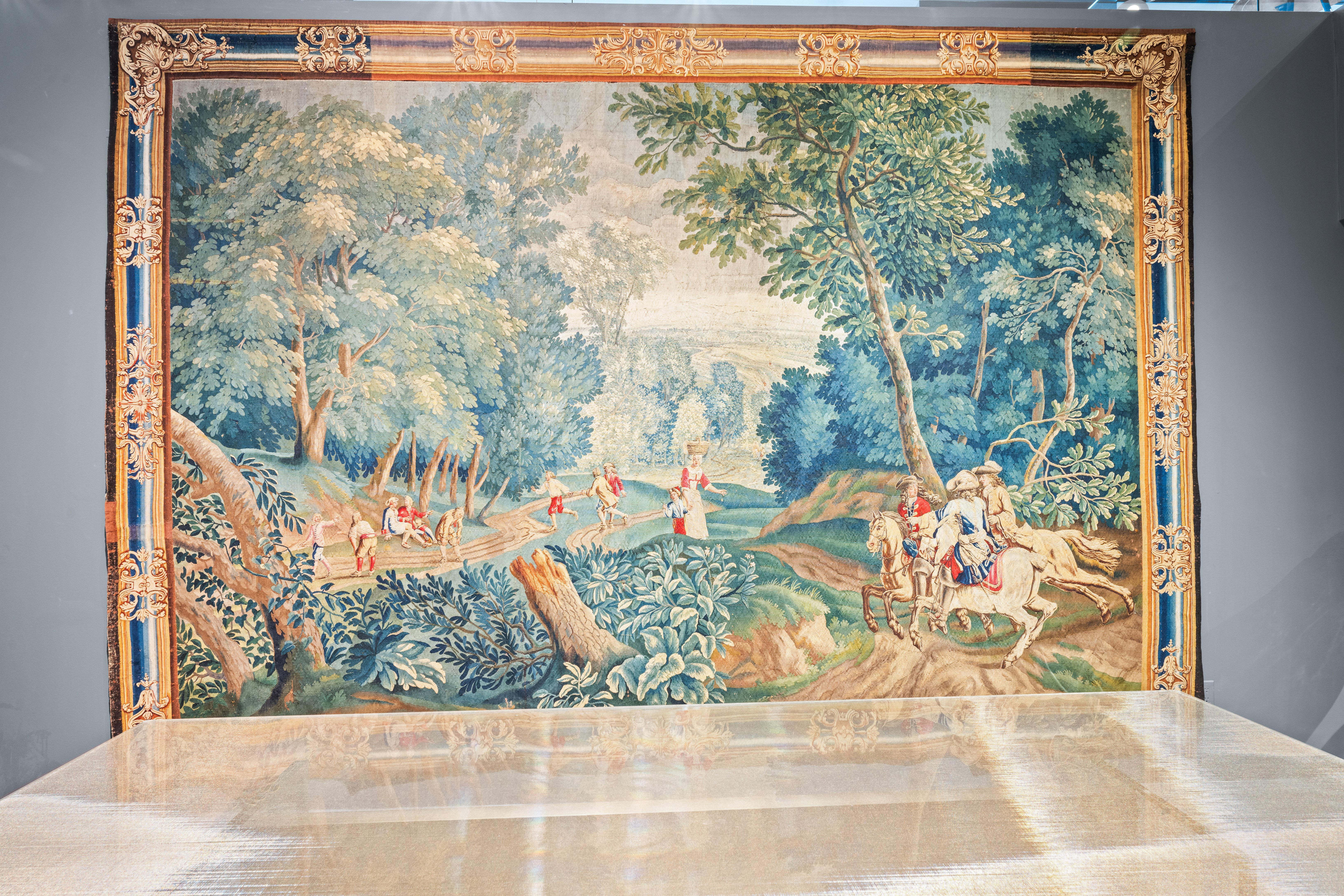 17th Century Fine Flemish Tapestry, Silk & Wool, Green, Blue, Red, Battle Scene For Sale 10
