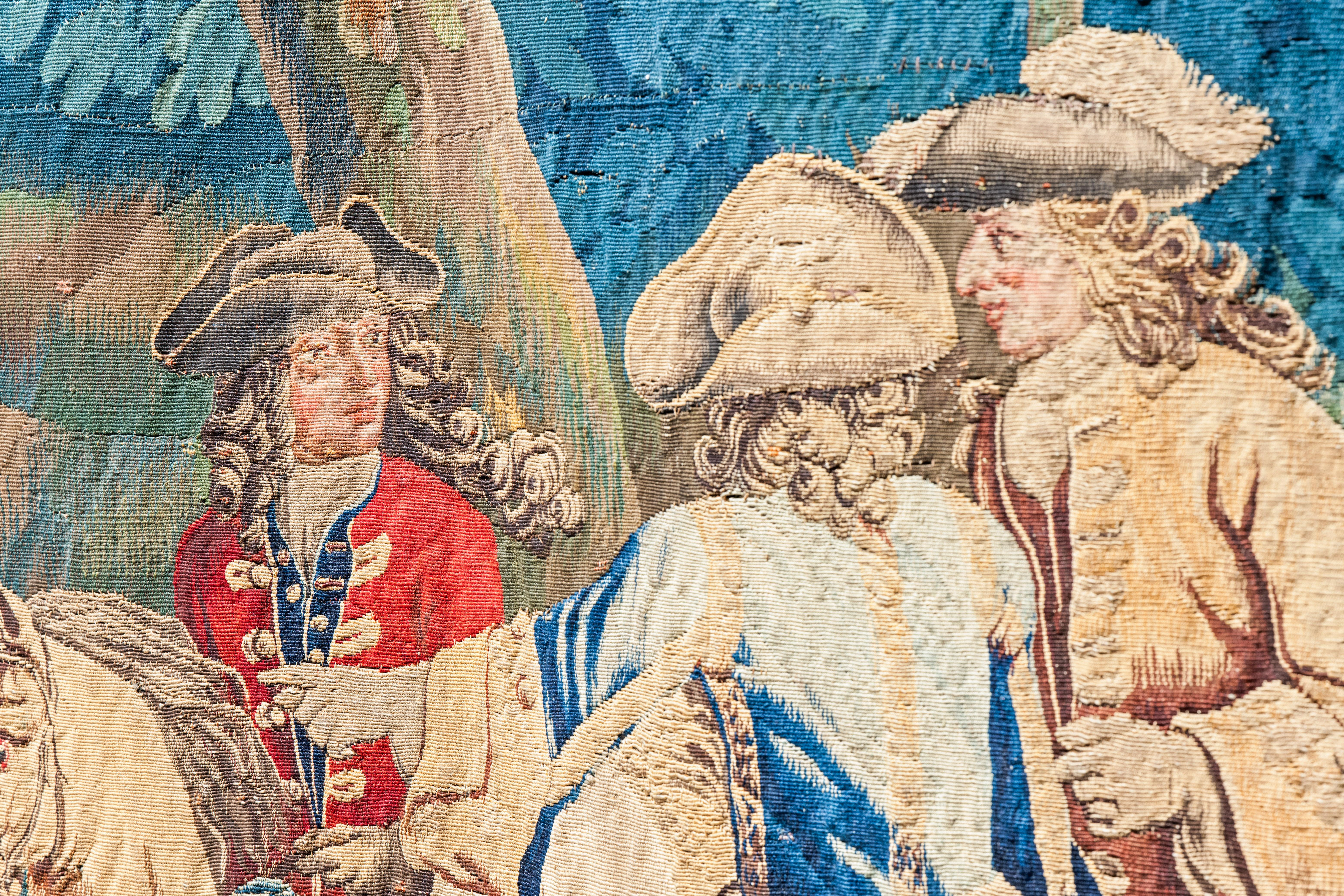 17th Century Fine Flemish Tapestry, Silk & Wool, Green, Blue, Red, Battle Scene For Sale 1