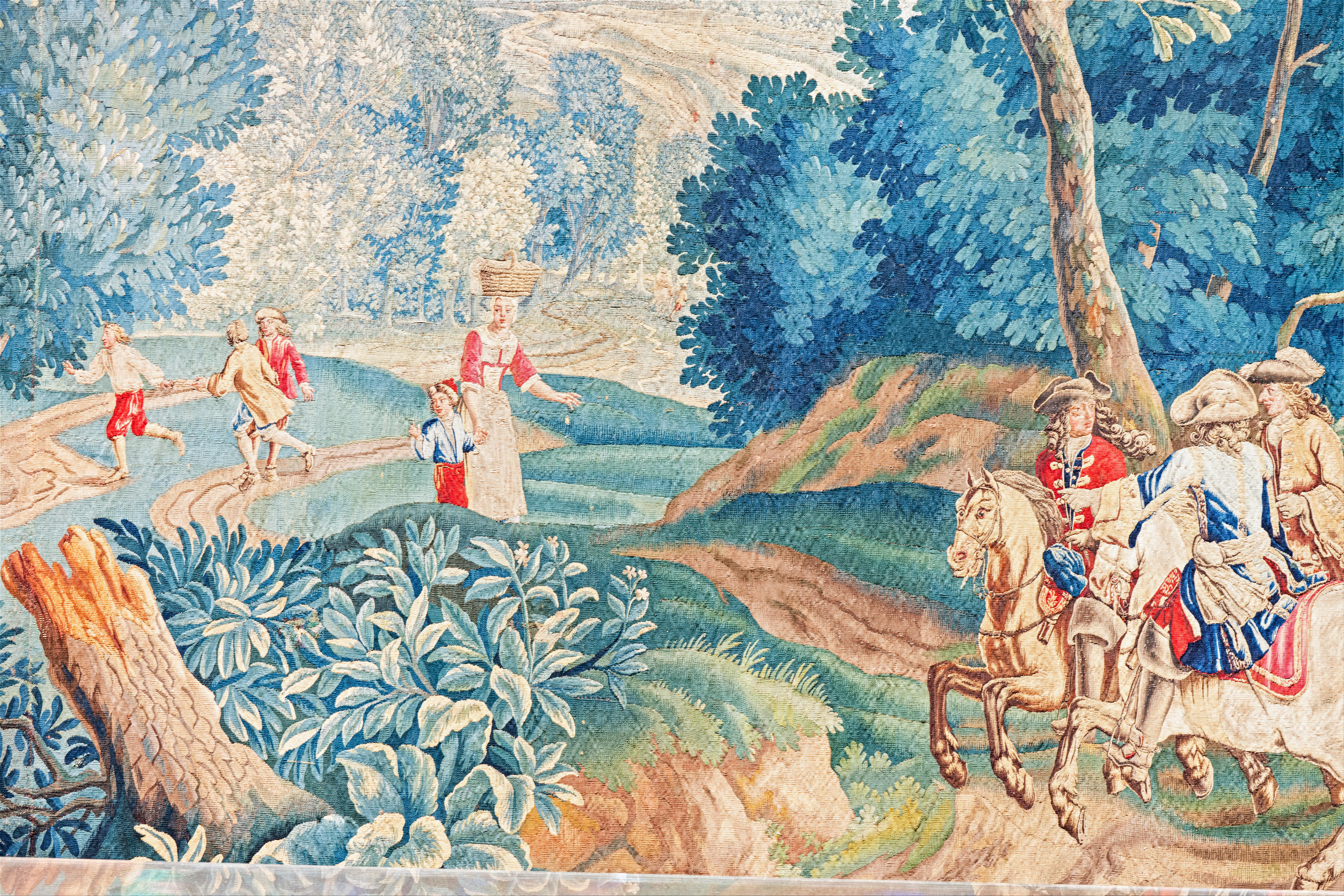 17th Century Fine Flemish Tapestry, Silk & Wool, Green, Blue, Red, Battle Scene For Sale 3