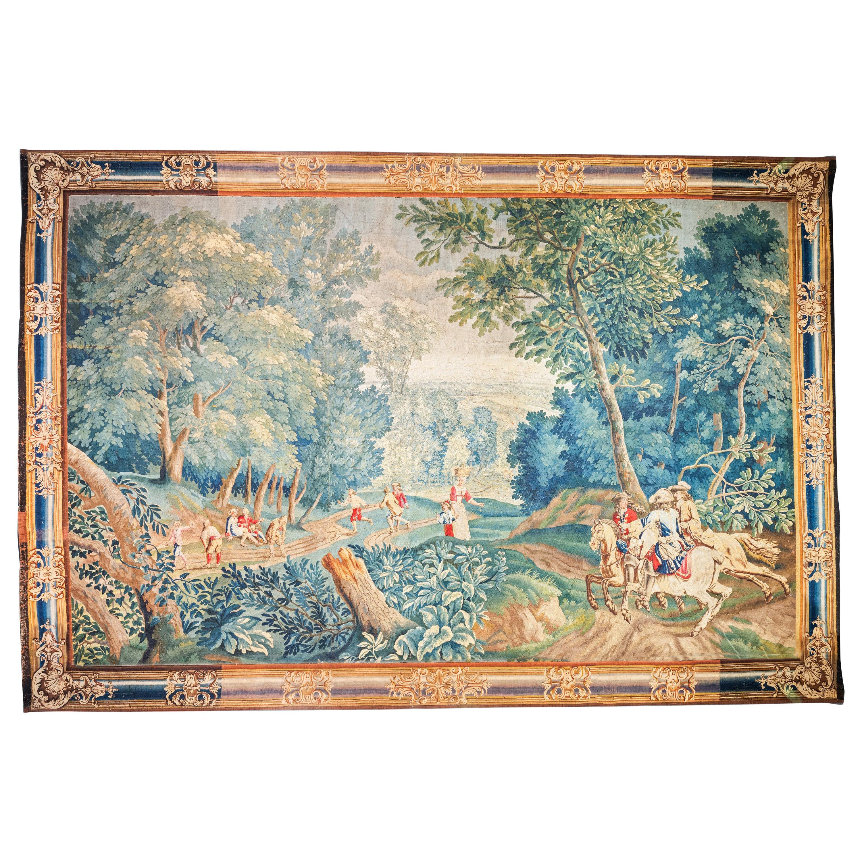Tapisserie flamande du 17e siècle, soie et laine, vert, bleu, rouge, scène de bataille