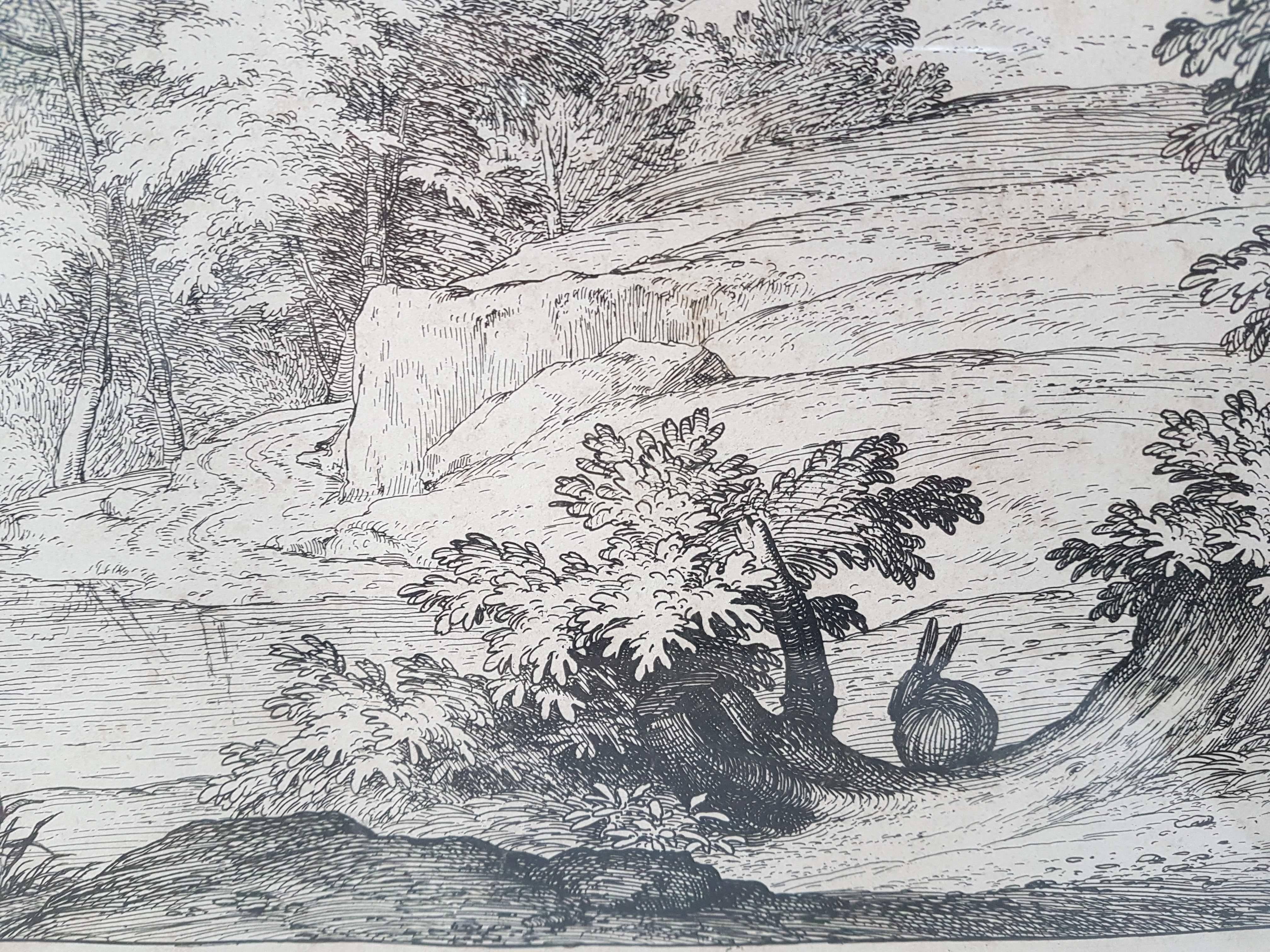 Flämische Abraham Genoels II. „Landschaft mit Kaninchen“, Radierung aus dem 17. Jahrhundert im Zustand „Hervorragend“ im Angebot in Cagliari, IT