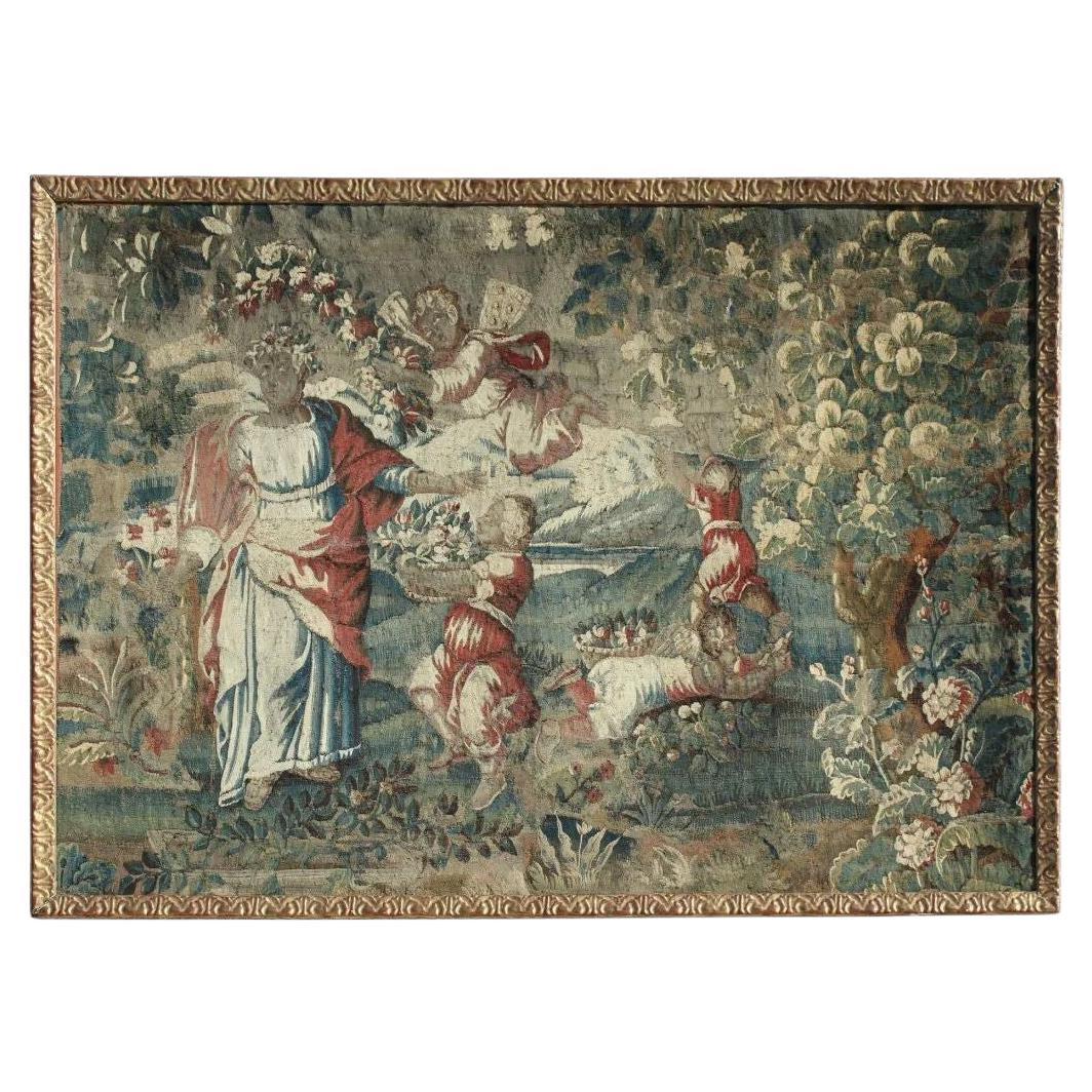 17th Century Flemish Baroque Tapestry Fragment in Later Giltwood Frame. Belgium.