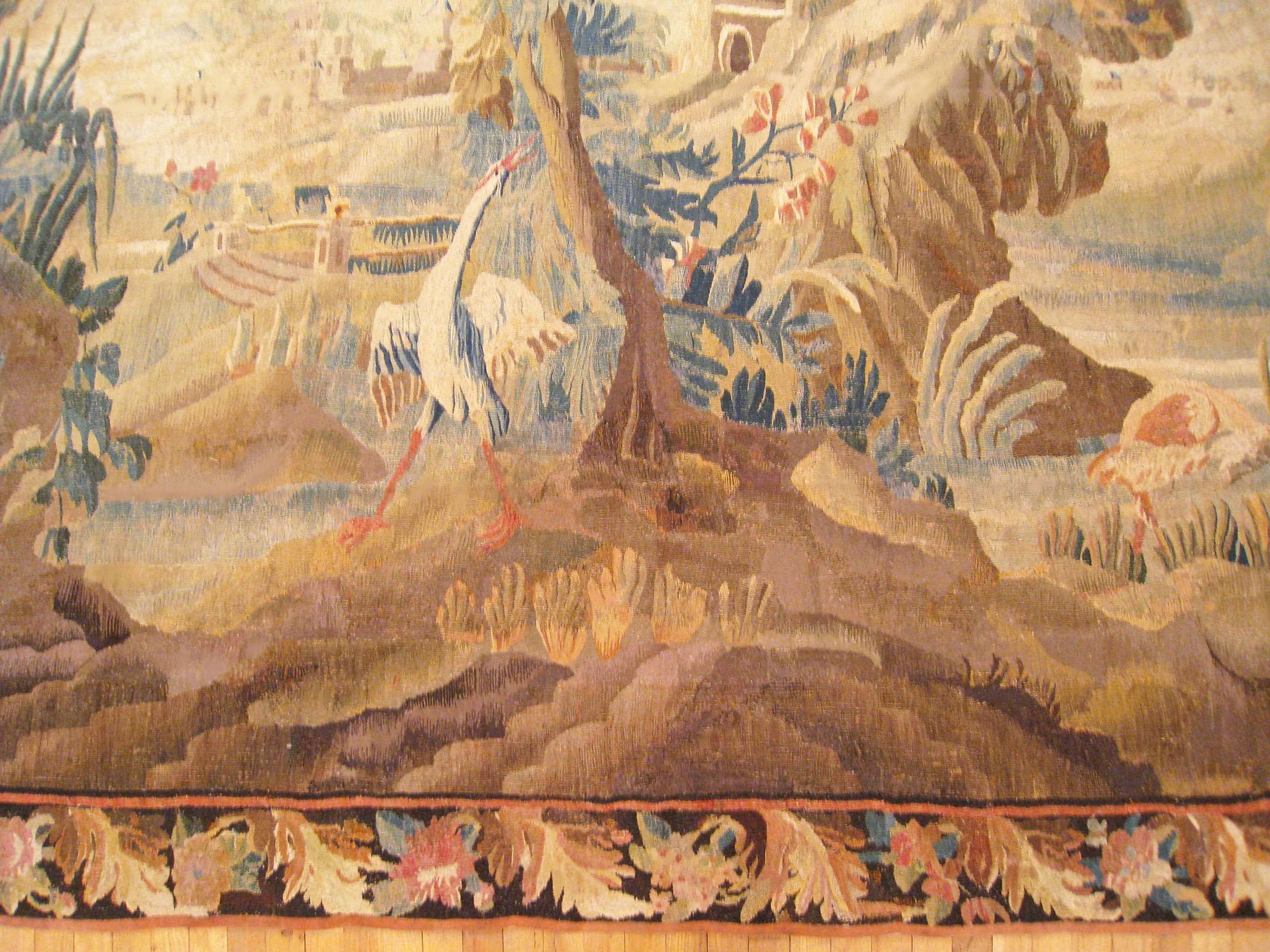 European 17th Century Flemish Chinoiserie Landscape Tapestry, with a Heron by a Lakeside For Sale