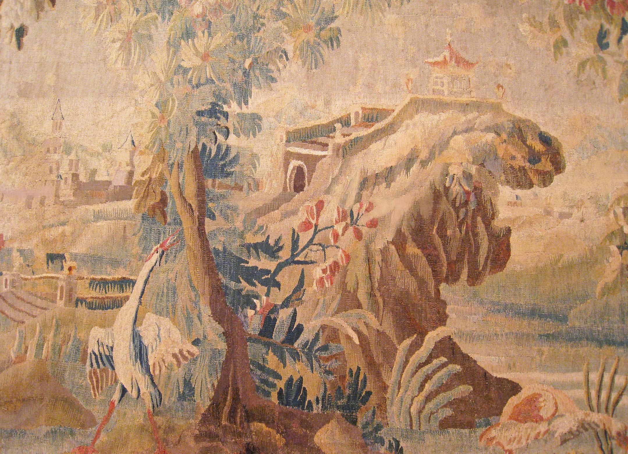 Hand-Woven 17th Century Flemish Chinoiserie Landscape Tapestry, with a Heron by a Lakeside For Sale
