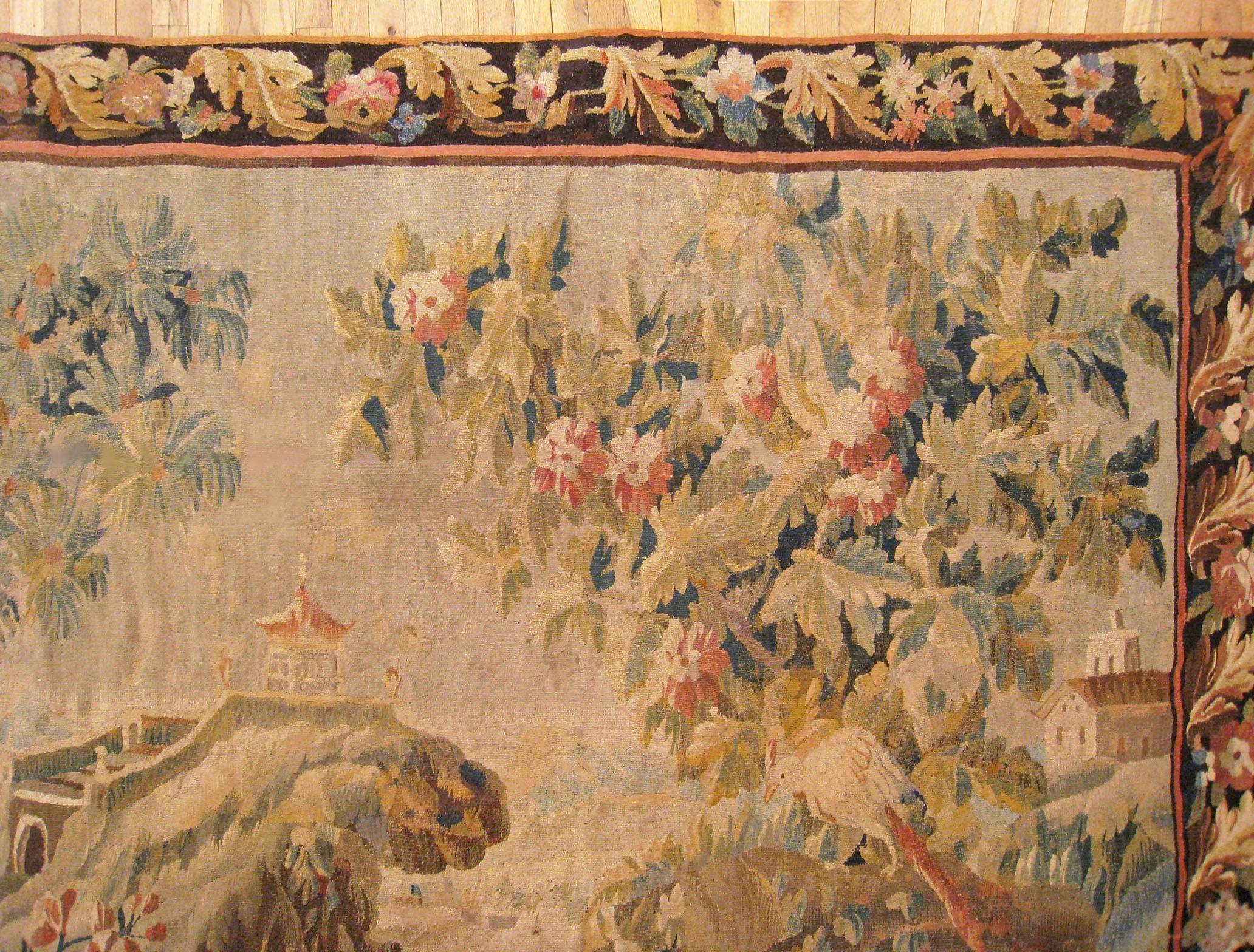 17th Century Flemish Chinoiserie Landscape Tapestry, with a Heron by a Lakeside In Good Condition For Sale In New York, NY