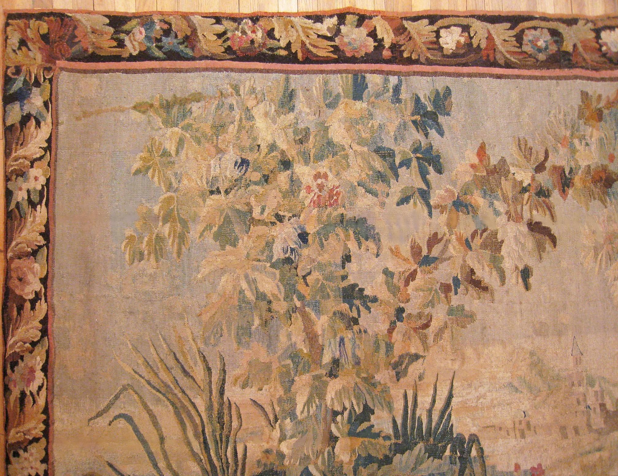 Wool 17th Century Flemish Chinoiserie Landscape Tapestry, with a Heron by a Lakeside For Sale