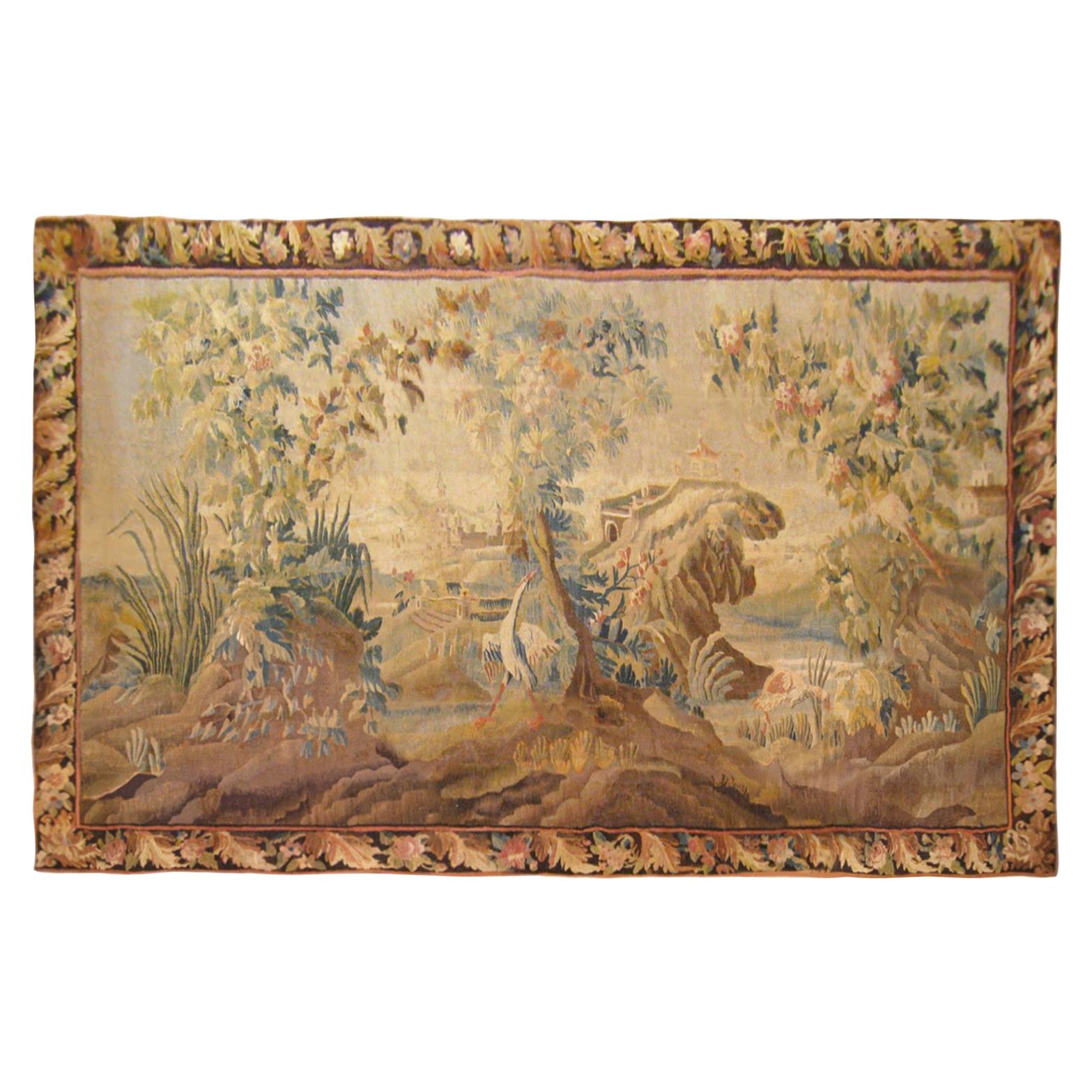 17th Century Flemish Chinoiserie Landscape Tapestry, with a Heron by a Lakeside For Sale