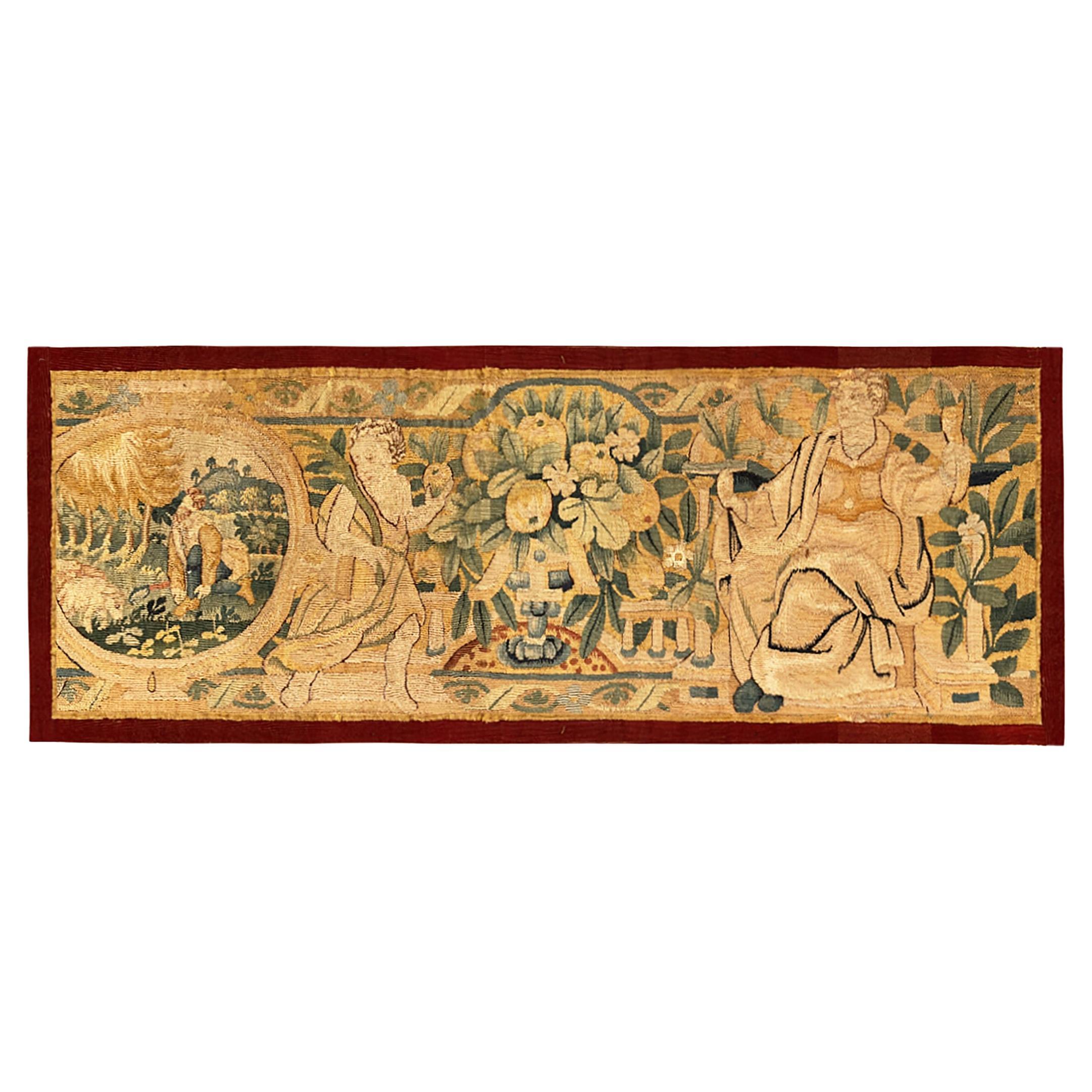 Historischer flämischer Wandteppich aus dem 17. Jahrhundert, horizontal orientiert mit drei Menschen