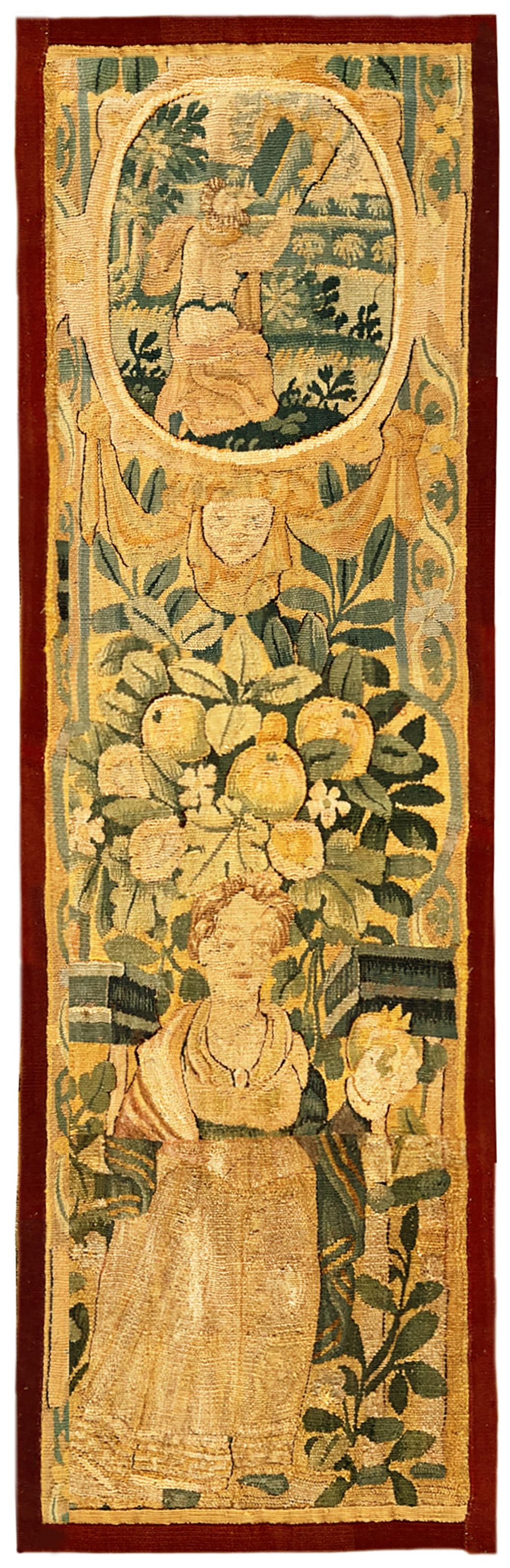 Panneau de tapisserie historique flamande du 17ème siècle, avec figures féminines, verticale