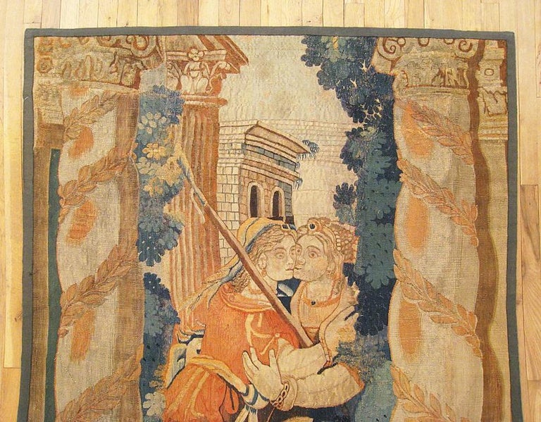 European 17th Century Flemish Historical Tapestry, with Two Women Embracing
