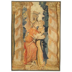 17th Century Flemish Historical Tapestry, with Two Women Embracing