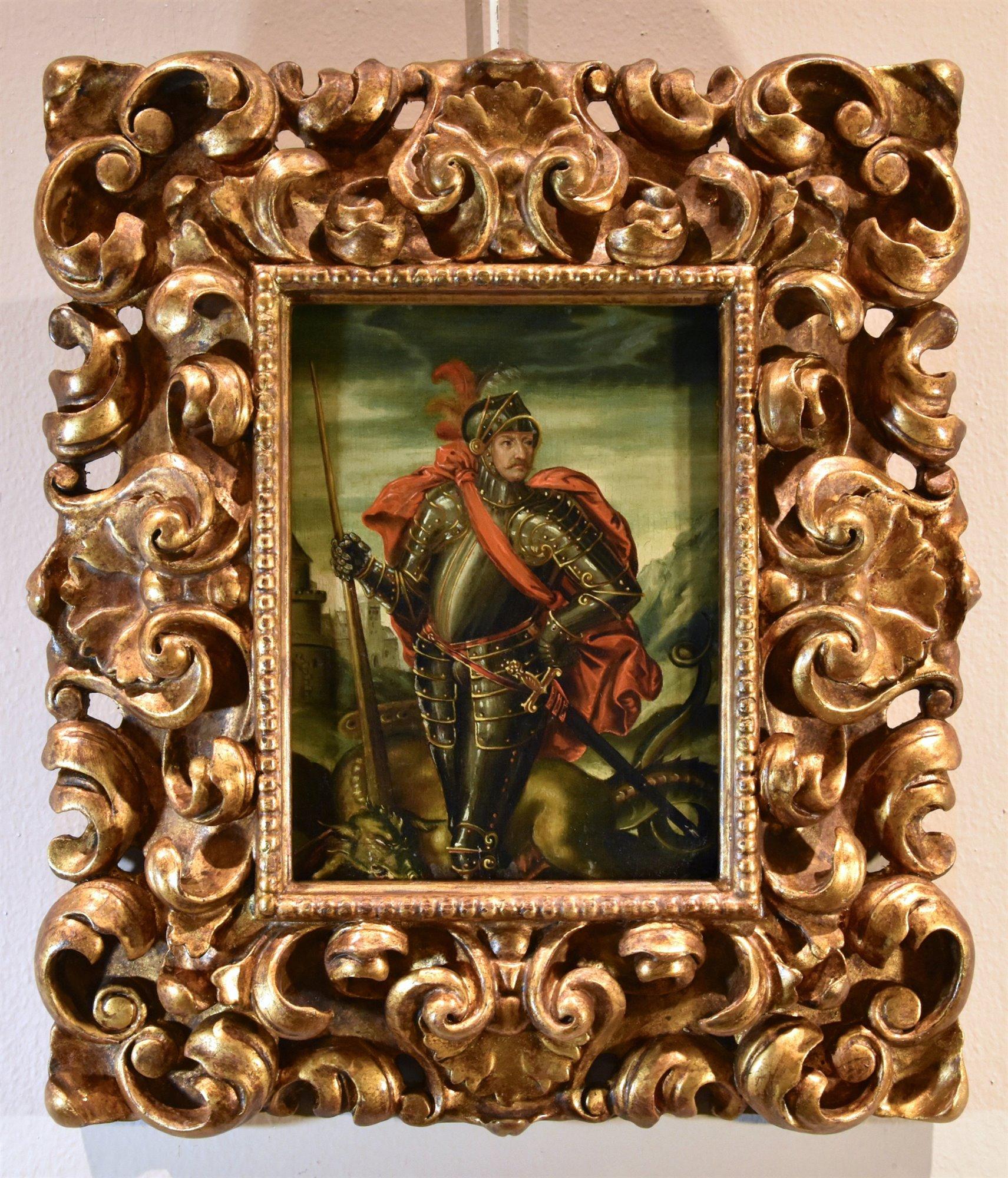 Ritratto Saint George 17th Century Flemish School Paint Olio su tavola Vecchio maestro 9