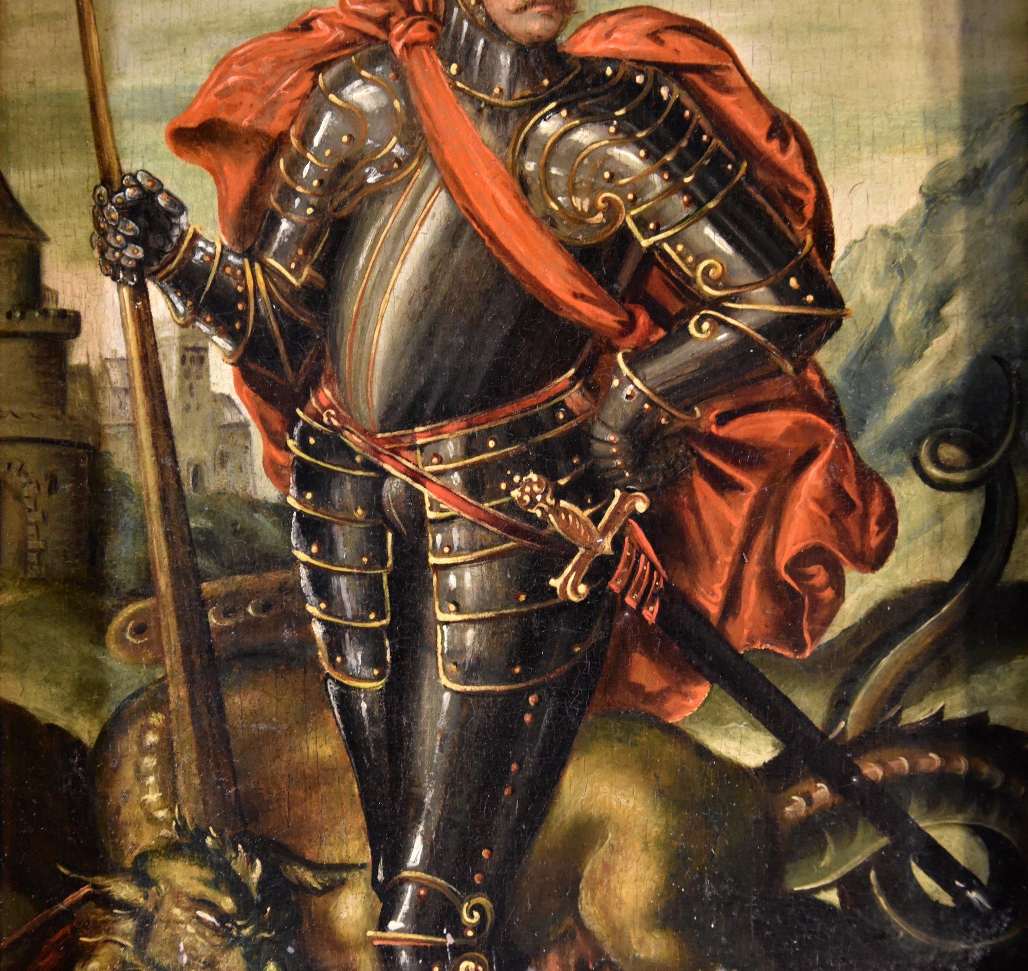 Ritratto Saint George 17th Century Flemish School Paint Olio su tavola Vecchio maestro 1
