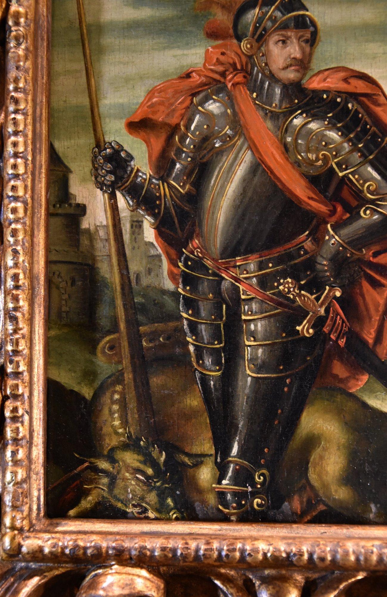 Ritratto Saint George 17th Century Flemish School Paint Olio su tavola Vecchio maestro 4