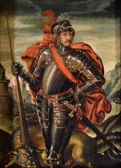 Ritratto Saint George 17th Century Flemish School Paint Olio su tavola Vecchio maestro