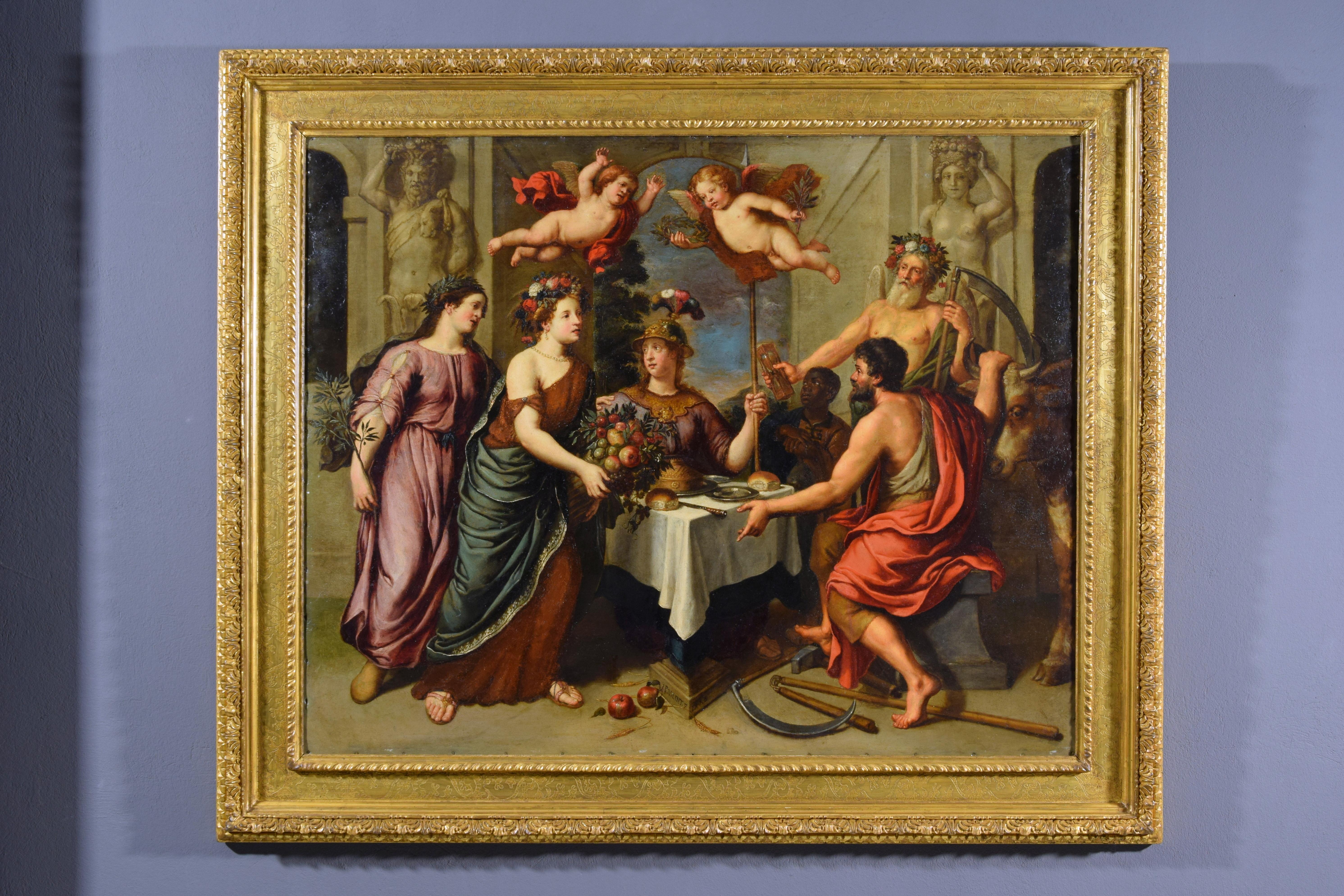 Pieter Van Lint (Antwerp, 1609-1690)
Allegory of industriousness leading to peace and abundance
Oil on copper; frame measures cm H 132 x W 159 x D 8, copper measures cm H 104 x W 130
Artwork signed (bottom center) 