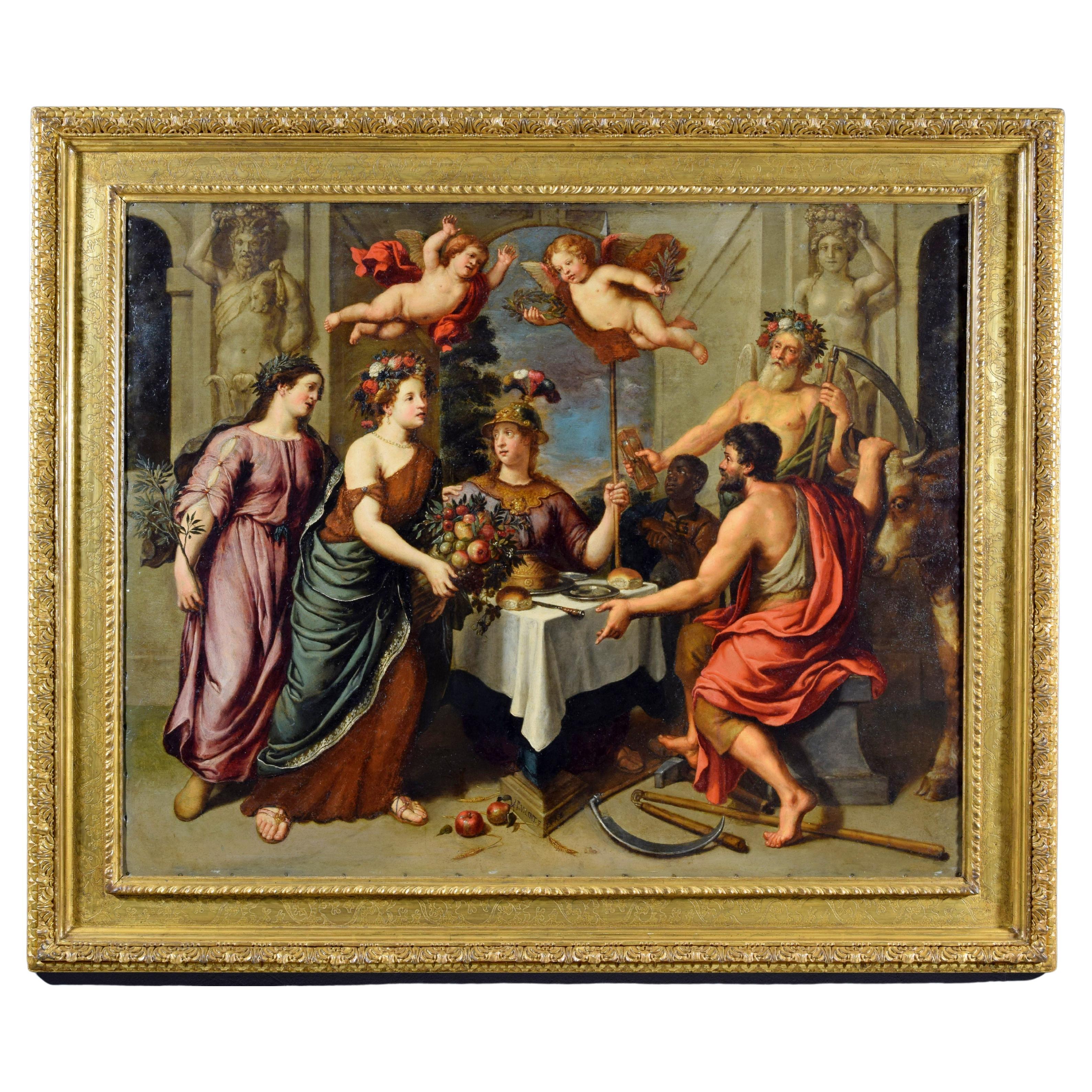 Siglo XVII, Pintura flamenca al óleo sobre cobre con alegoría de Pieter Van Lint