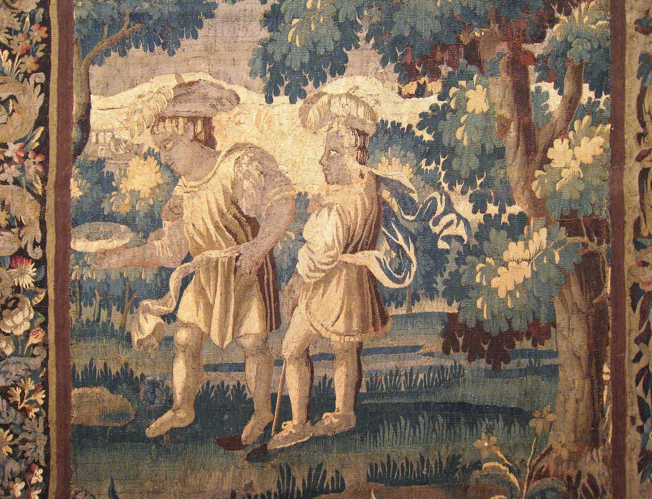 European 17th Century Flemish Rustic Verdure Tapestry, with Youths at Play in the Woods For Sale