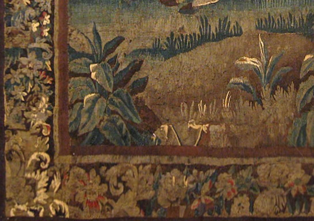 Hand-Woven 17th Century Flemish Rustic Verdure Tapestry, with Youths at Play in the Woods For Sale