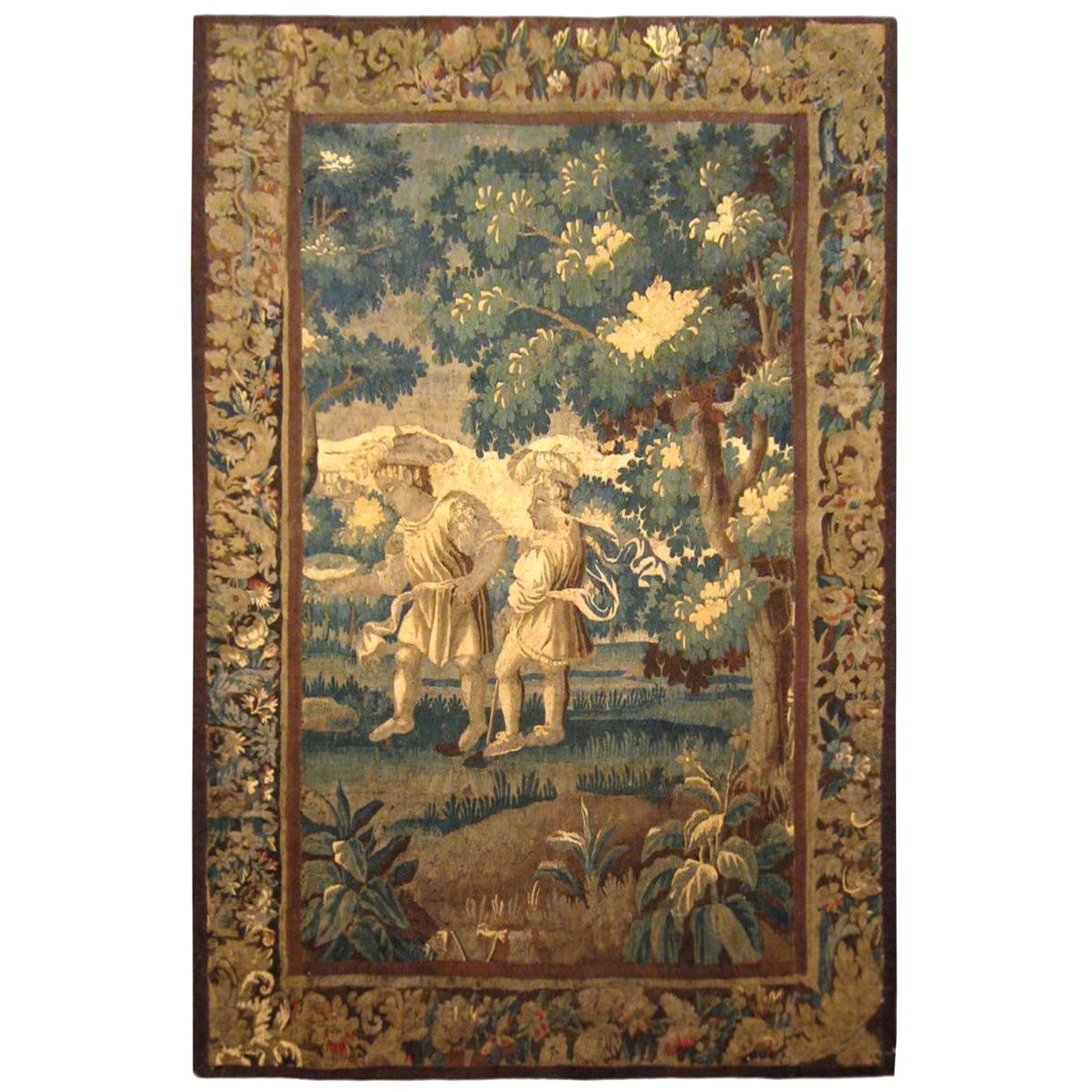 17th Century Flemish Rustic Verdure Tapestry, with Youths at Play in the Woods For Sale