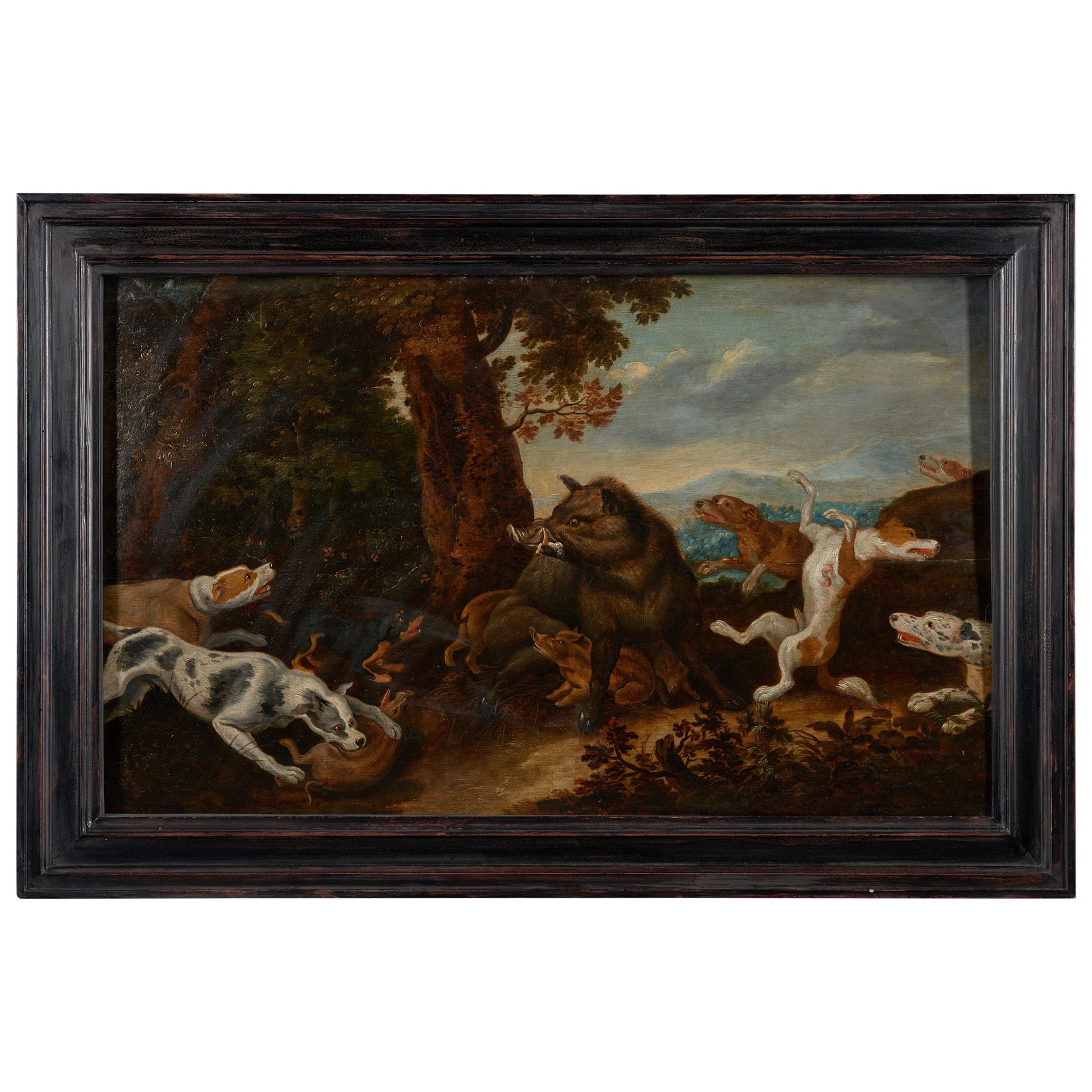 17th Century Flemish School, Wild Boar Hunt in the Style of Frans Snijders For Sale
