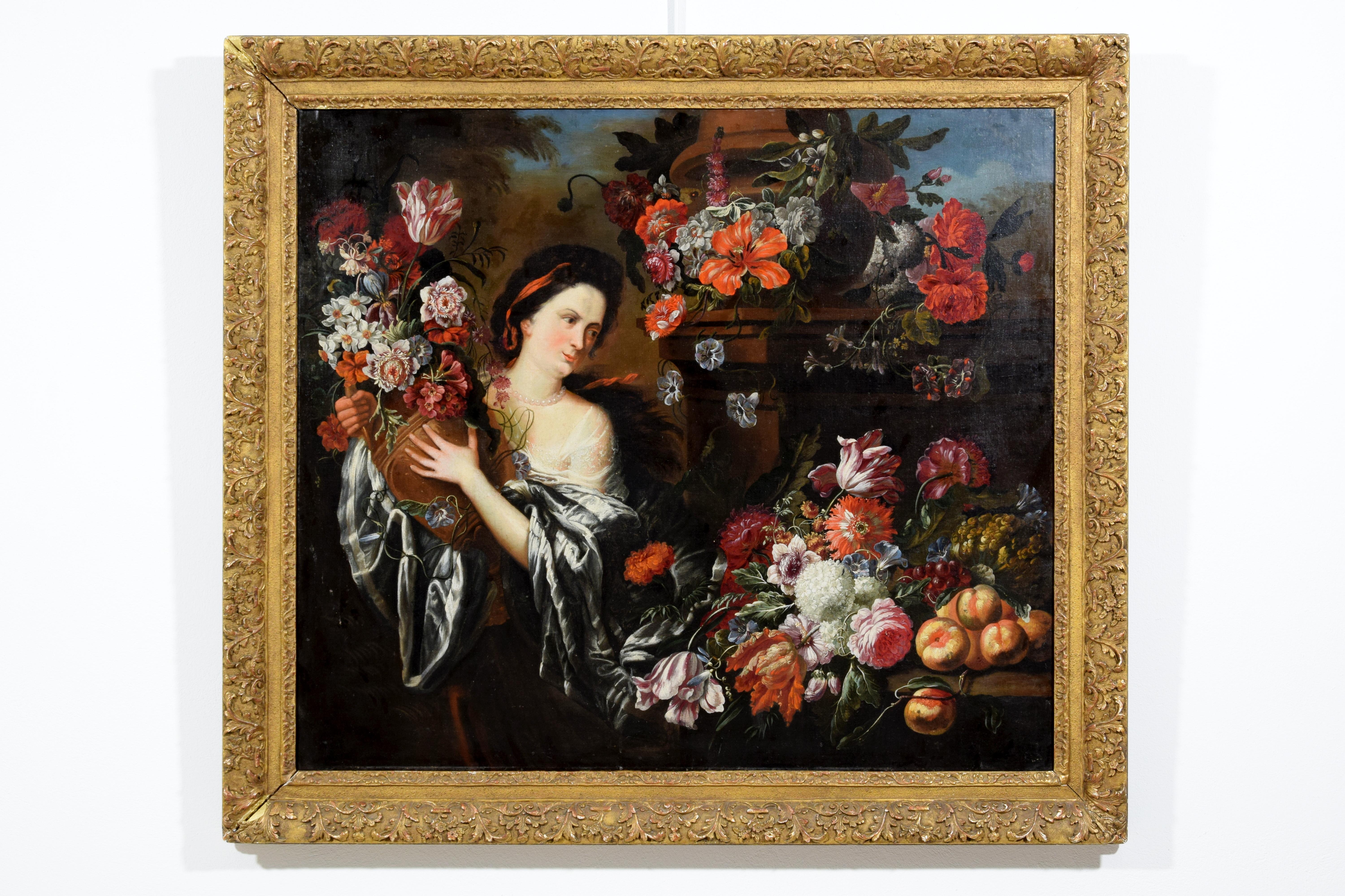 Gaspar Peeter de Verbruggen the Younger (Antwerp, 1664 – 1730) and Pieter Ykens (1648 – 1695)
Still Life with Fruit, Flowers, and Female Figure (Flora)
Dimensions: Frame: W 143 cm x H 128 cm x D 8 cm; Canvas: W 21.5 cm x H 106.5 cm

This exquisite