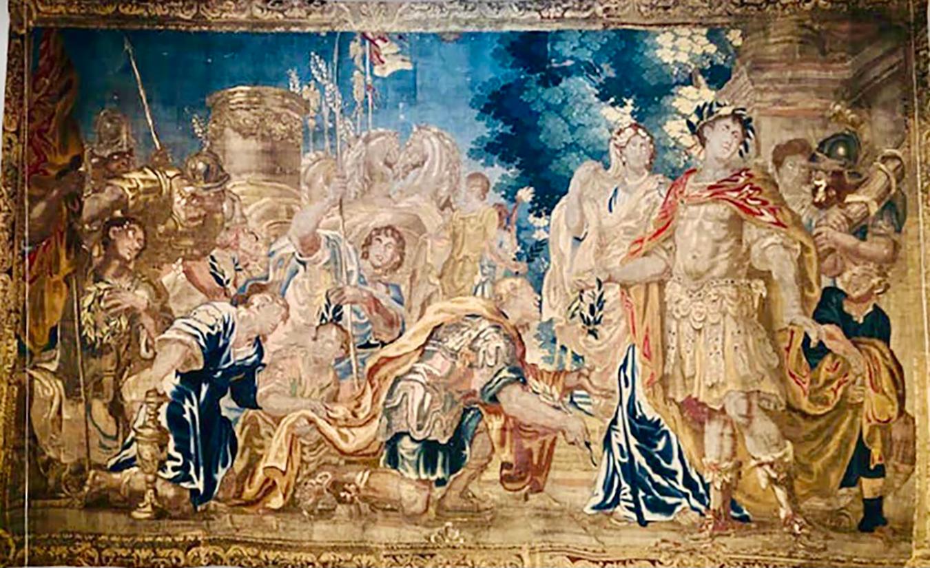 A palatial 17th century Flemish tapestry depicting Daris at constantinople tapestry.  This epic Roman soldier historical scene having rearing horses in the foreground with the famed emperors rippling body having a turned head as he looks away in
