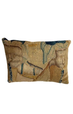 17th Century Flemish Tapestry Fragment Pillow in Golden Ochre and Teal