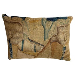 17th Century Flemish Tapestry Fragment Pillow in Golden Ochre and Teal