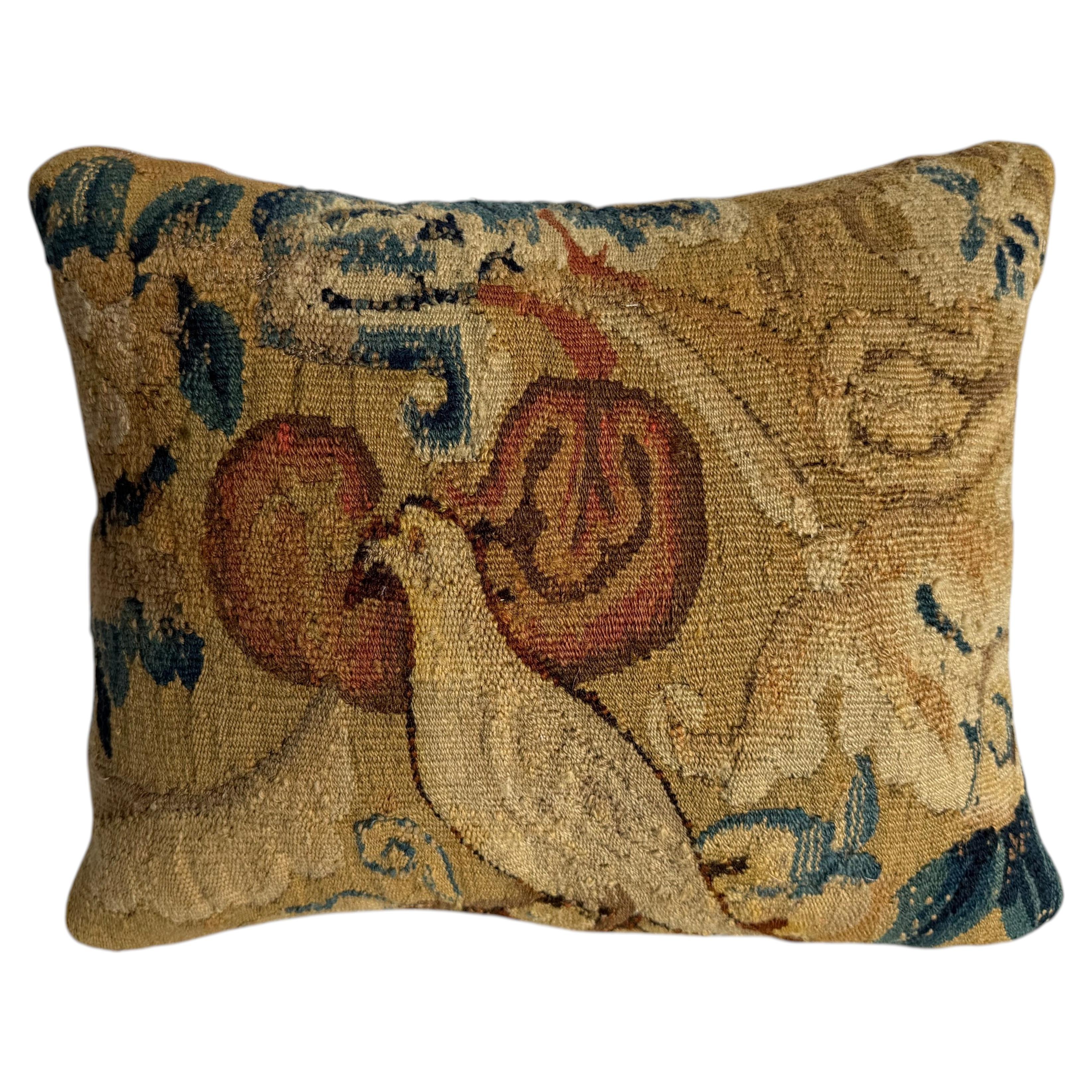 17th Century Antique Brussels Verdure Tapestry Pillow with Pomegranates