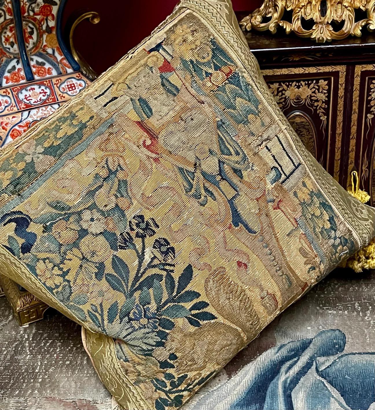Hand-Crafted 17th Century Flemish Tapestry Pillow For Sale