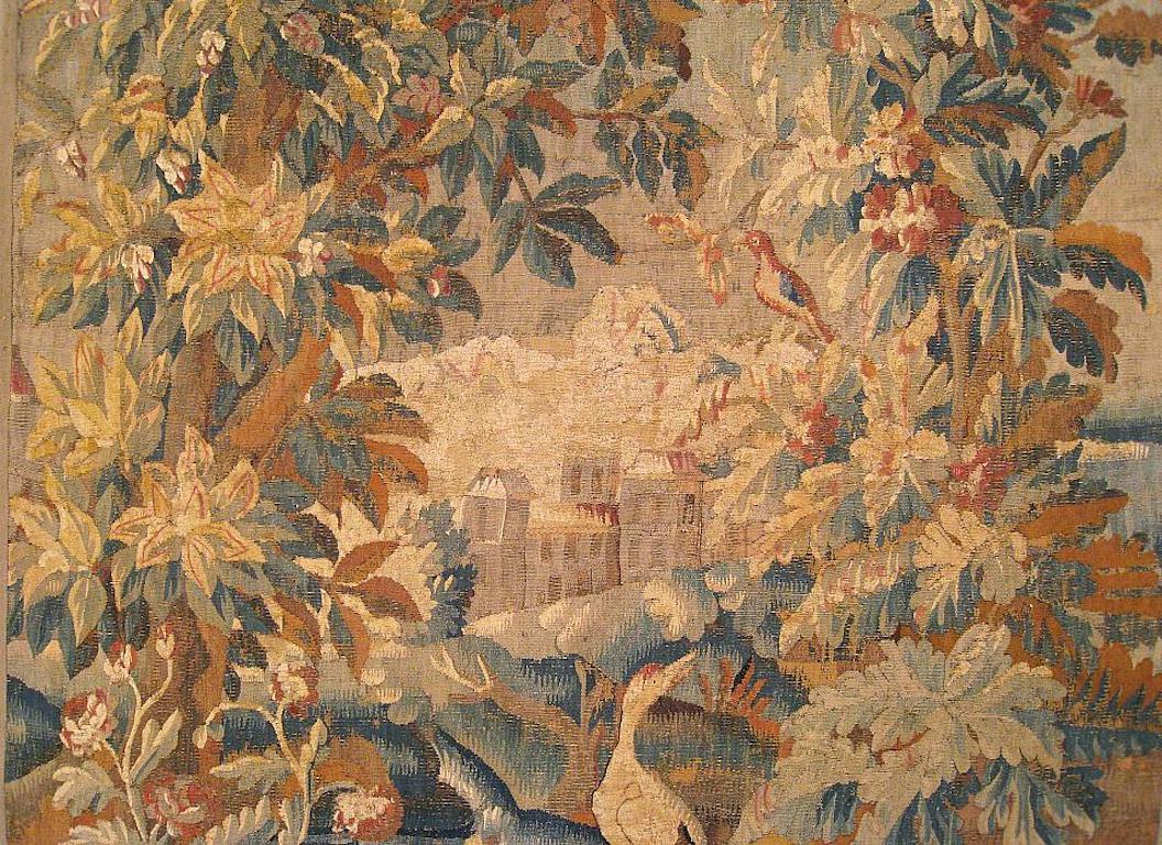 European 17th Cent. Flemish Verdure Landscape Tapestry, an Exotic Bird & A Lush Setting For Sale