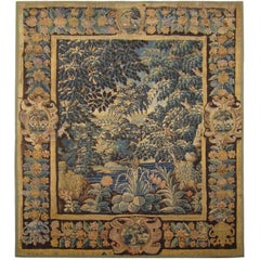 17th Century Flemish Verdure Landscape Tapestry, a Lush Forest & Pendant Border