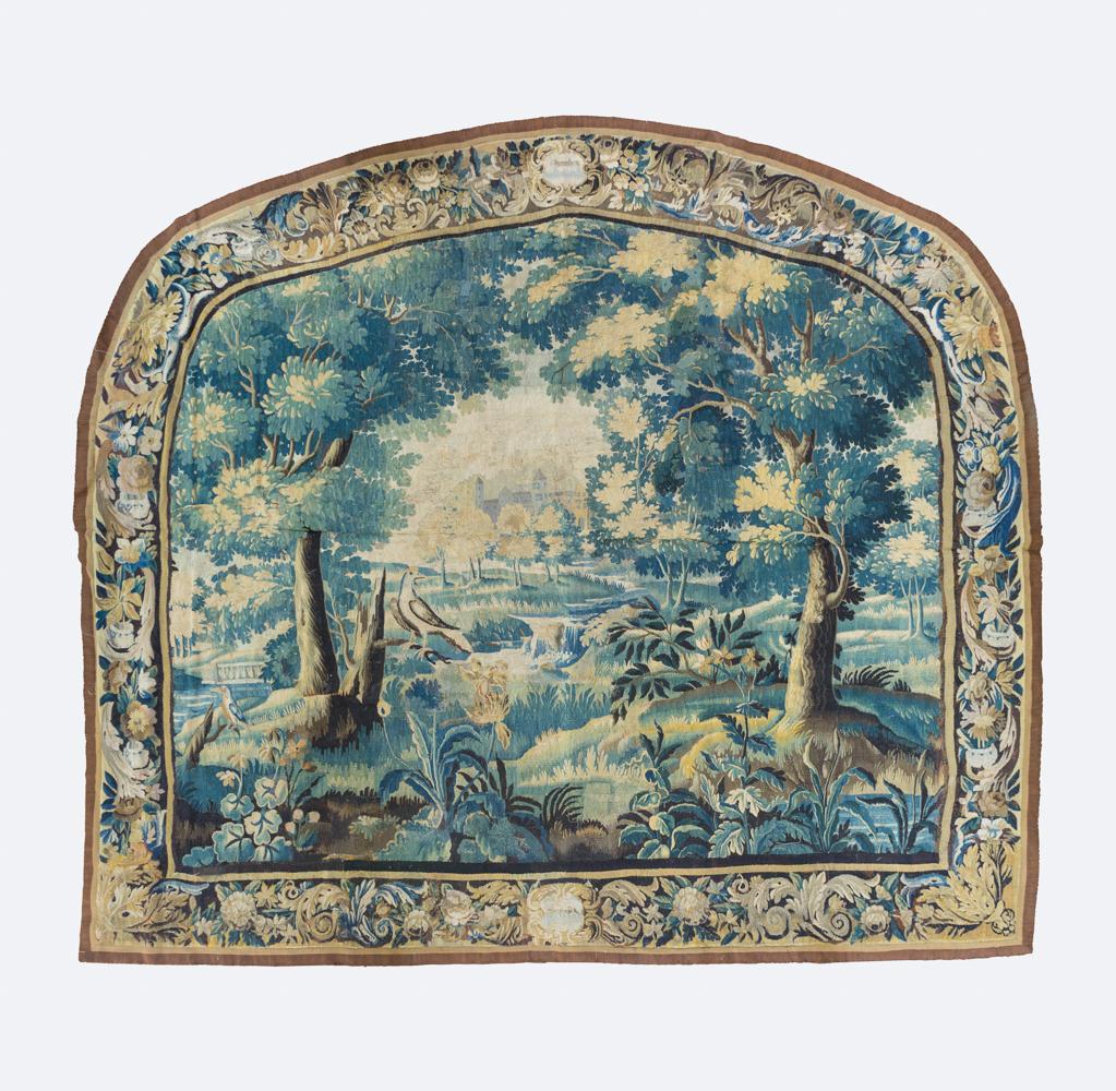 This is a gorgeous and rare pair of antique 17th century Flemish Verdure landscape tapestries depicting a beautiful and rich summer scene of a countryside with lush trees and vegetation, and birds with ornate gardens and a grand estate in the