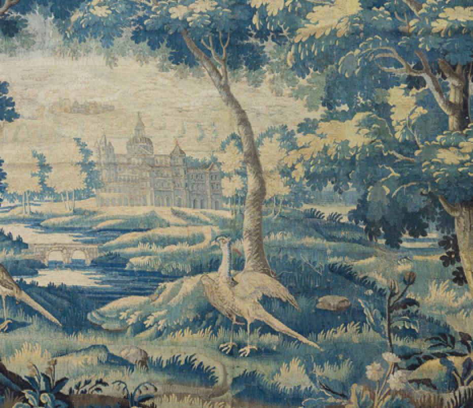 Tissé à la main Paire de tapisserie de paysage flamande ancienne du 17ème siècle de Verdure avec oiseaux  en vente