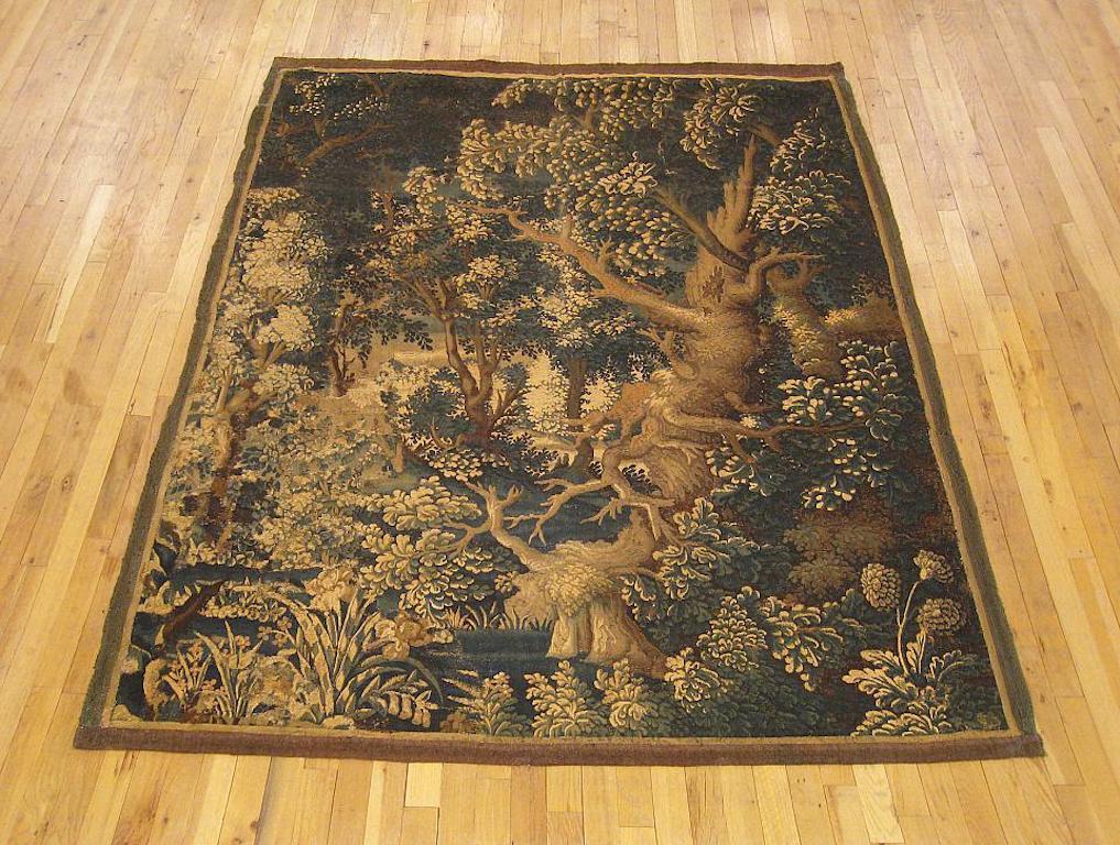 A Flemish verdure landscape tapestry from the 17th century, with a large old tree at right as the most prominent feature of a lush woodlands scene full of various trees, bushes, and plants. Enclosed within a pair of narrow monochromatic guard