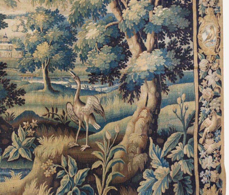 Baroque 17th Century Flemish Verdure Landscape Tapestry with Peacocks