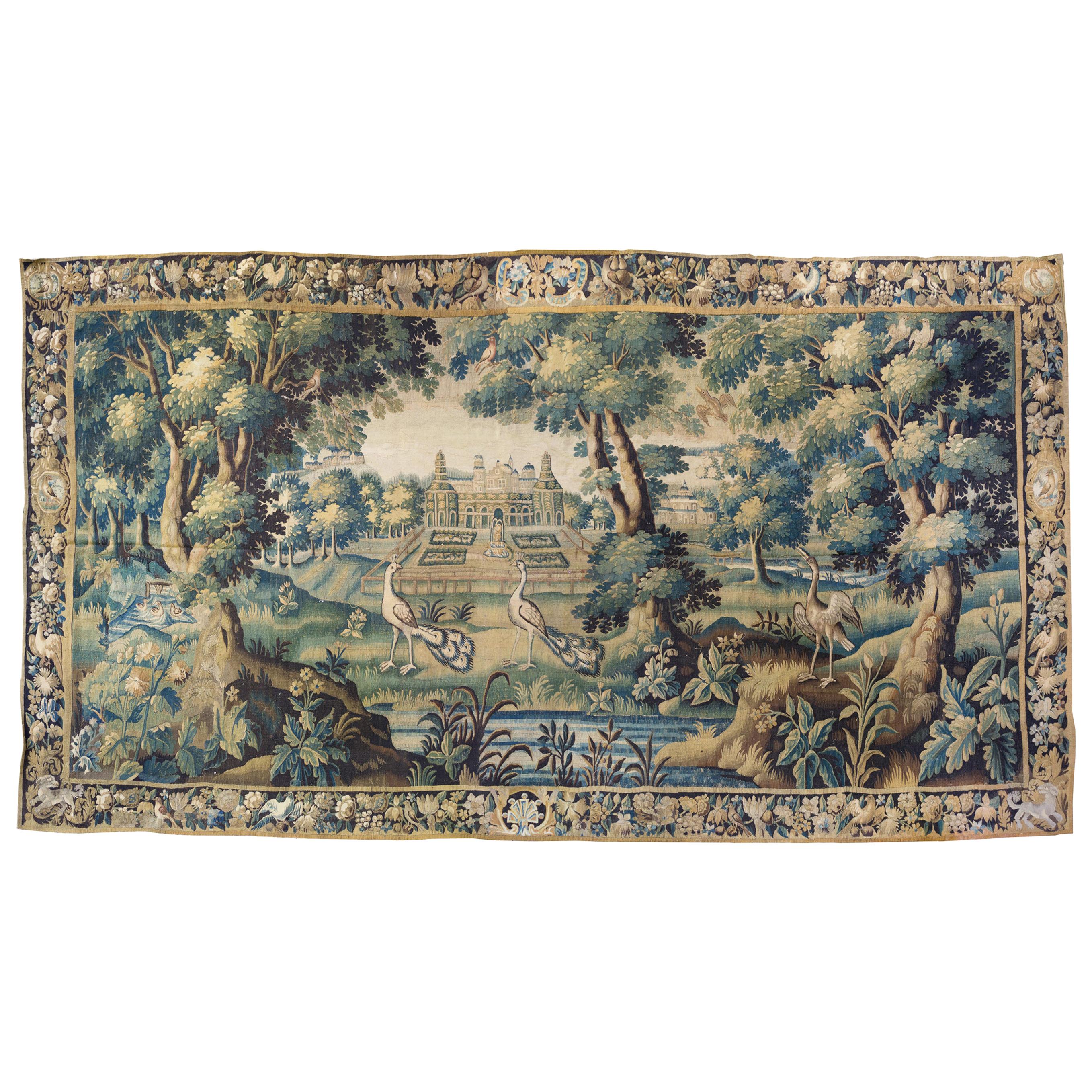 17th Century Flemish Verdure Landscape Tapestry with Peacocks