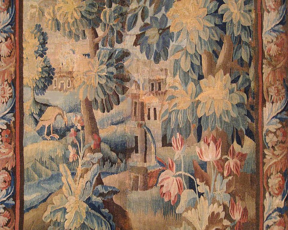 European 17th Century Flemish Verdure Landscape Tapestry, with Trees, Bushes and Flowers For Sale