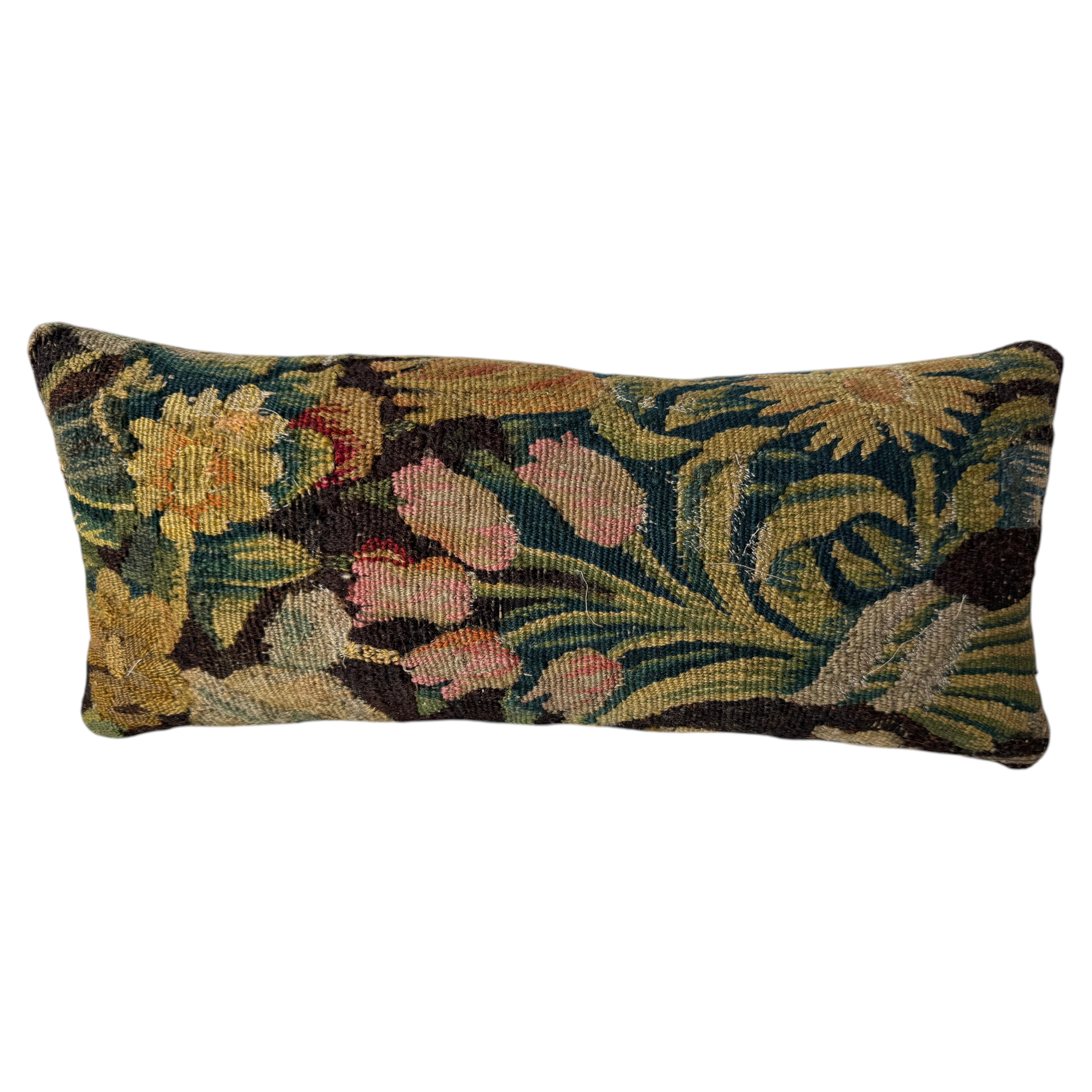 17th Century Flemish Verdure Tapestry Pillow with Baroque Floral Design For Sale