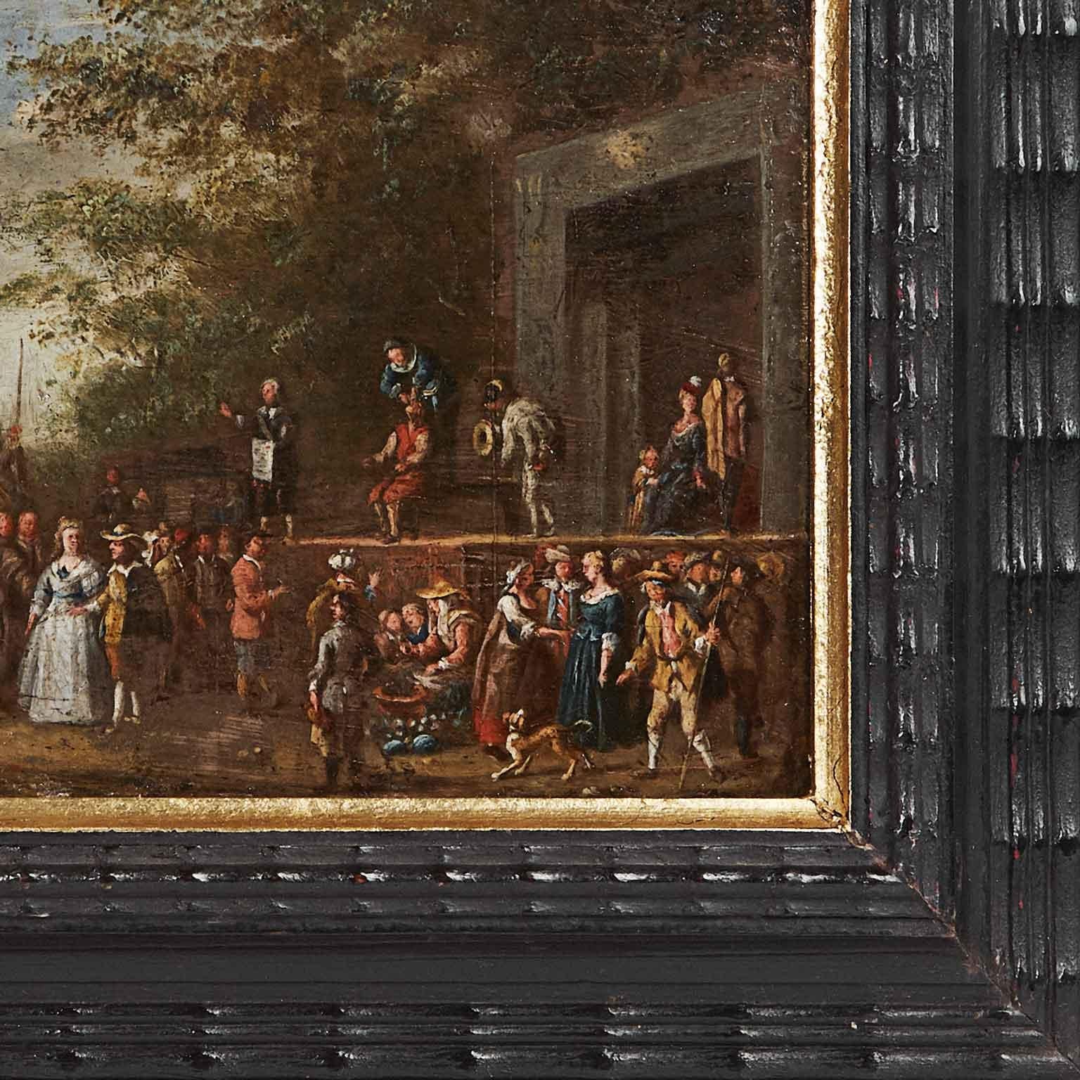 Carved 17th Century Flemish Old Master Painting on Copper Italian Comedy Scene For Sale