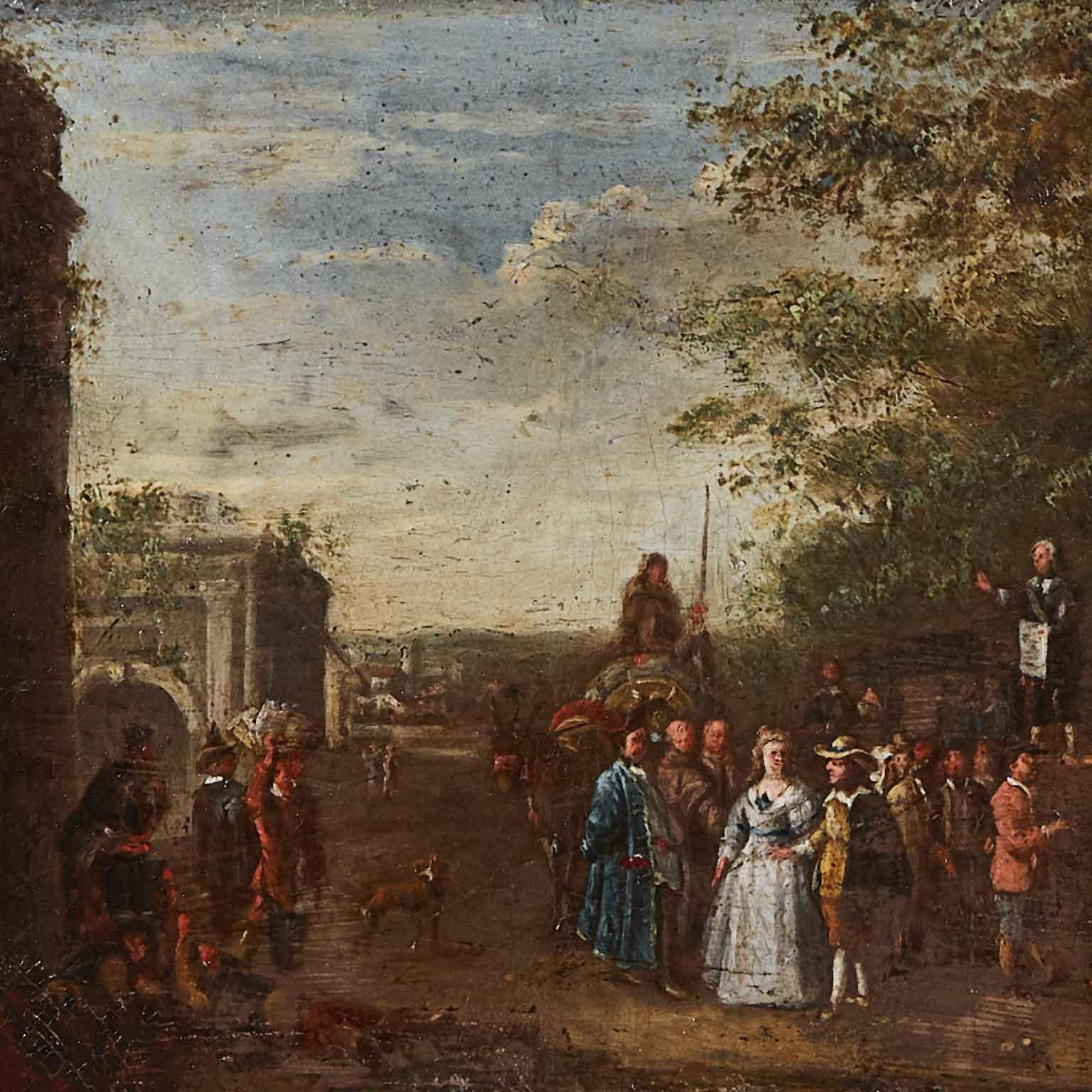 Dipinto Fiammingo su Rame 1650 circa Scena di Genere con Commedia delle Arti (Barock) im Angebot