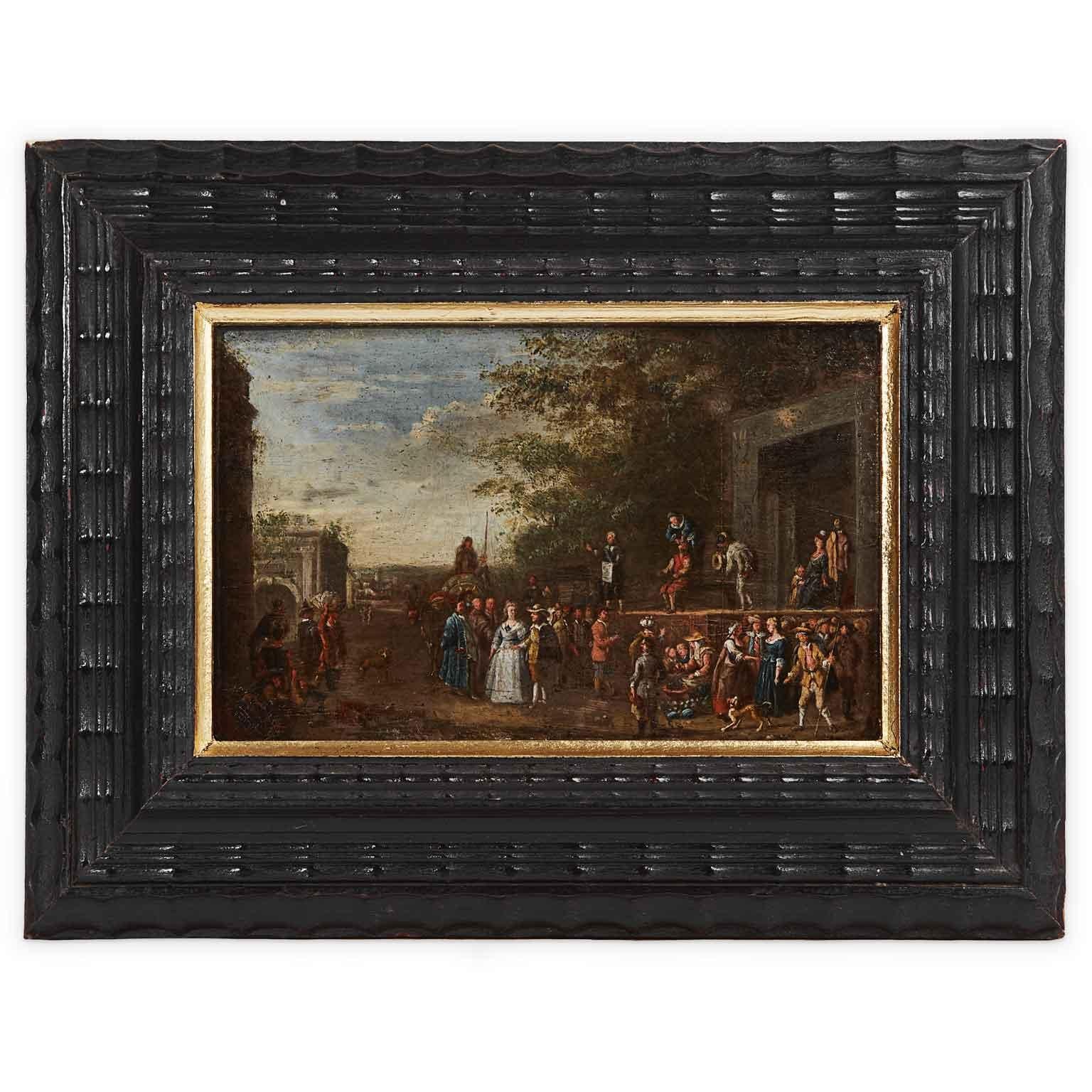 17th century Old Master Flemish School oil on copper painting depicting a picturesque Scene from the Commedia dell'Arte, scenery crowded with a multitude of figures in the foreground with classical architecture and landscape in the background. On