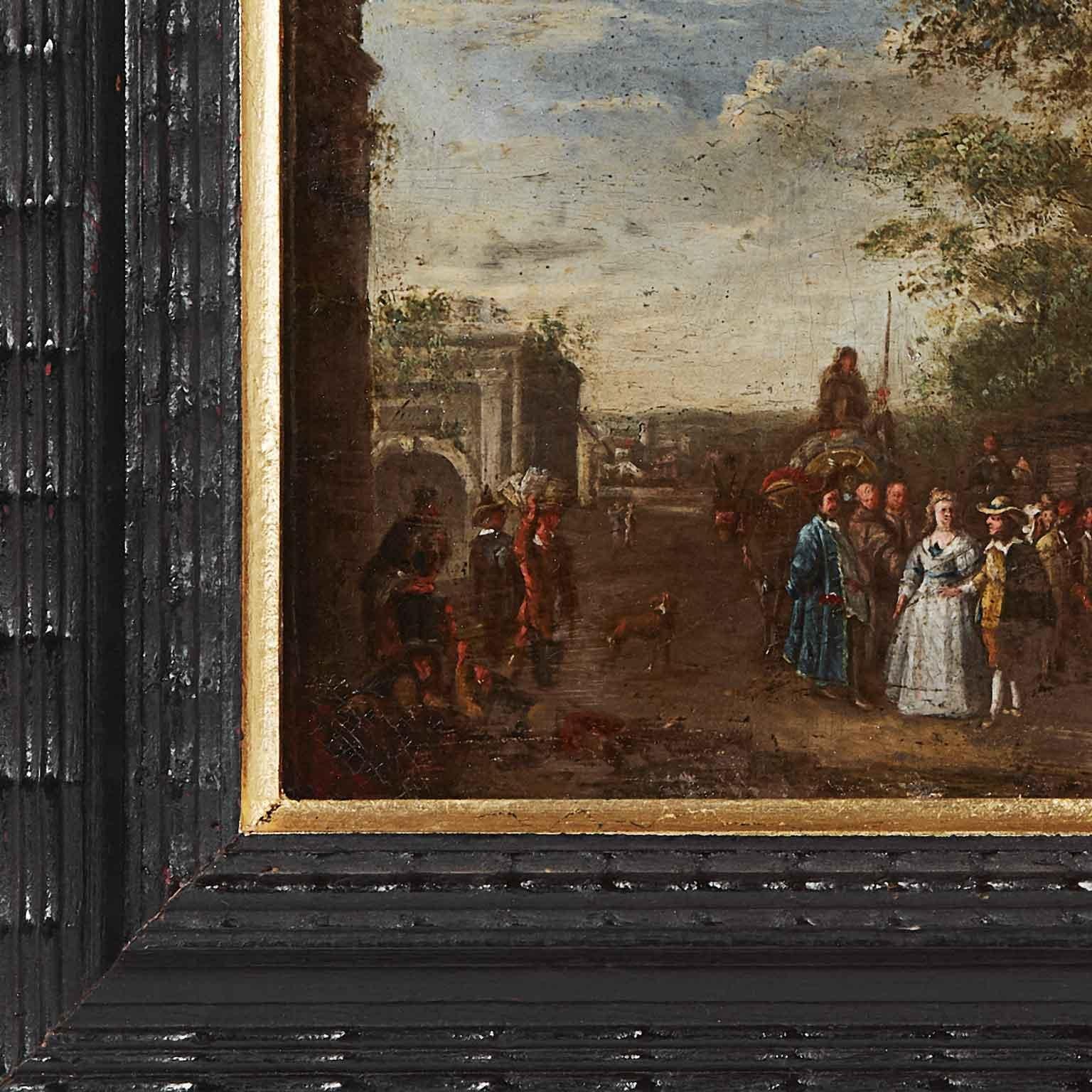 Dipinto Fiammingo su Rame 1650 circa Scena di Genere con Commedia delle Arti im Zustand „Gut“ im Angebot in Milano, MI