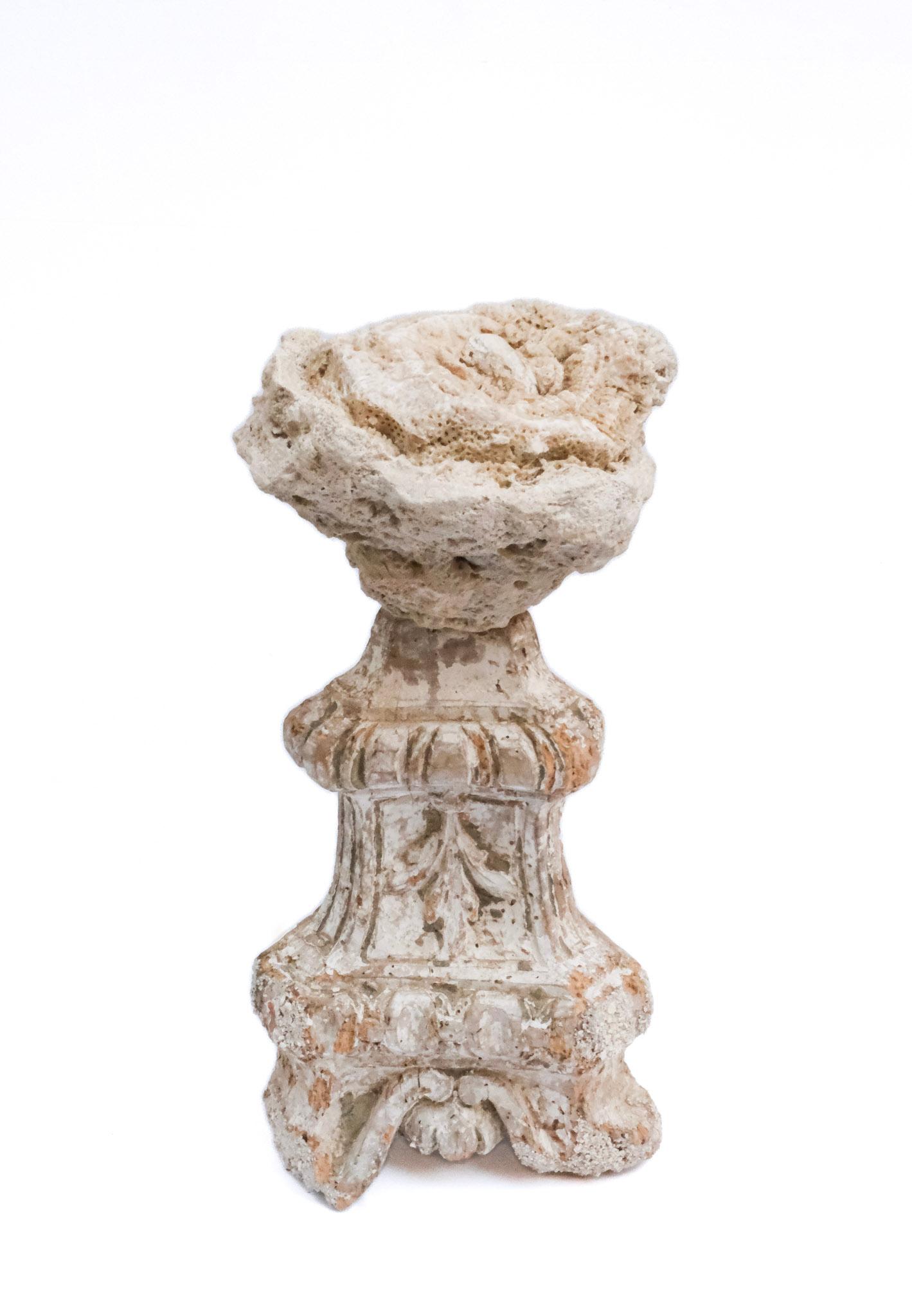 17th century Italian 'Florence Fragment' base from Tuscany topped with a naturally formed coral head. 

This fragment is from a church in Florence. It was found and saved from the Florence Flood of 1966. The fragment still holds the original gold