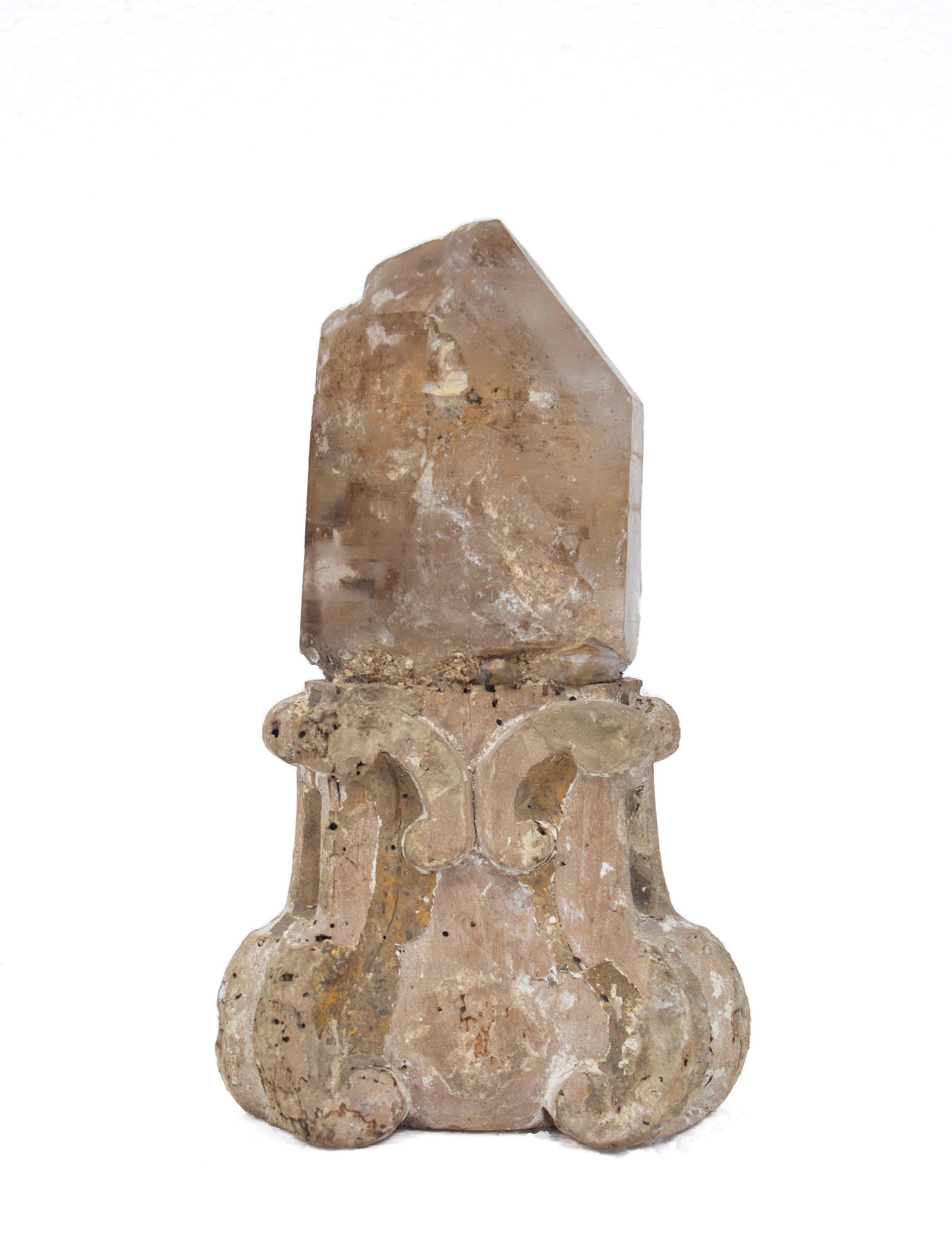 17th century Italian candlestick base fragment from Tuscany mounted with a rutile quartz crystal. This fragment is from a church in Florence. It was found and saved from the Florence Flood of 1966. The fragment still holds the original gold leaf