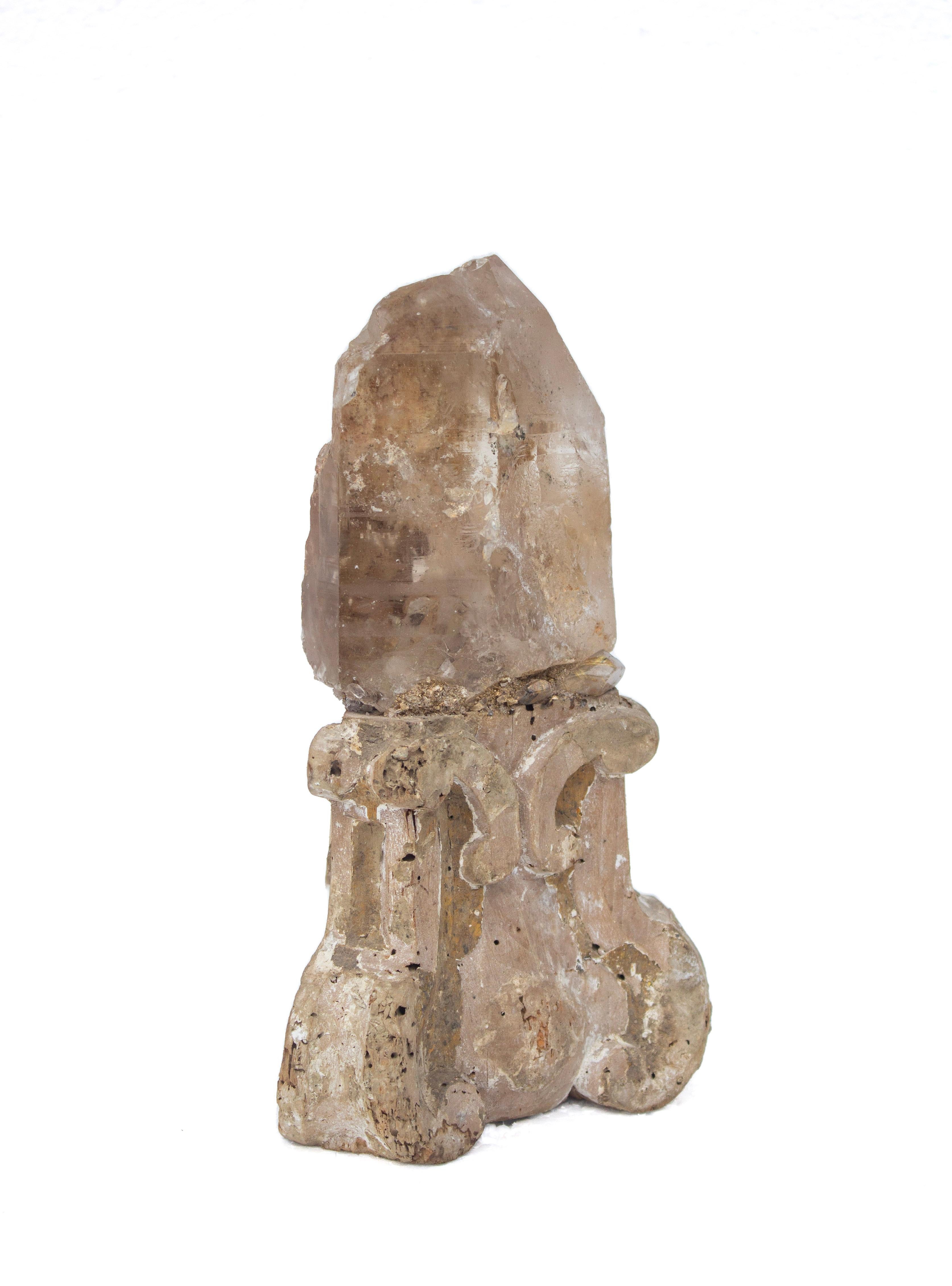 Hand-Carved 17th Century 'Florence Fragment' Candlestick Base with Rutile Quartz Crystal For Sale