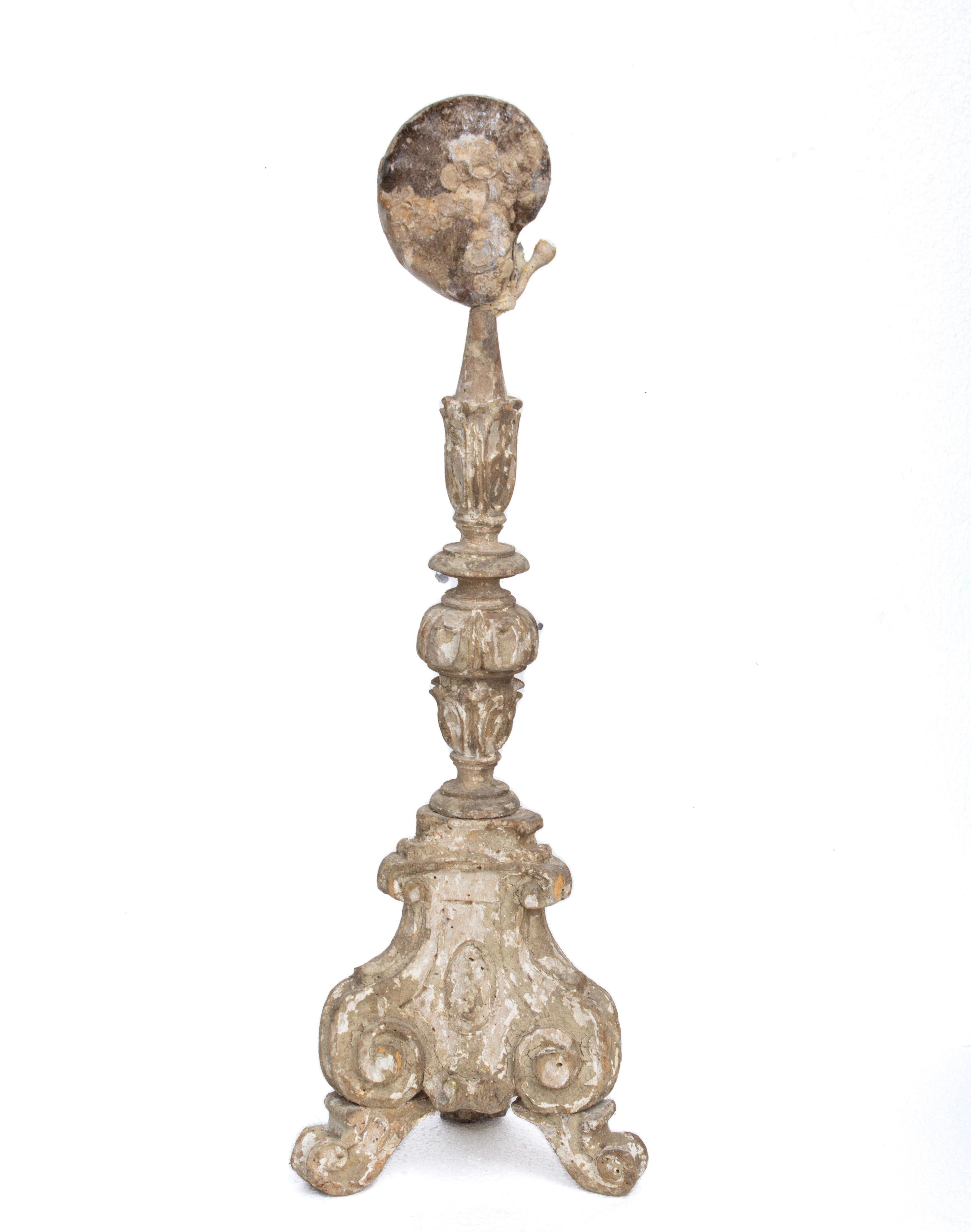17th Century Italian candlestick fragment topped with a complete and natural ammonite shell. This Italian fragment is from a church in Florence. It was found and saved from the historic Florence flood of the Arno River in 1966.

There is still the
